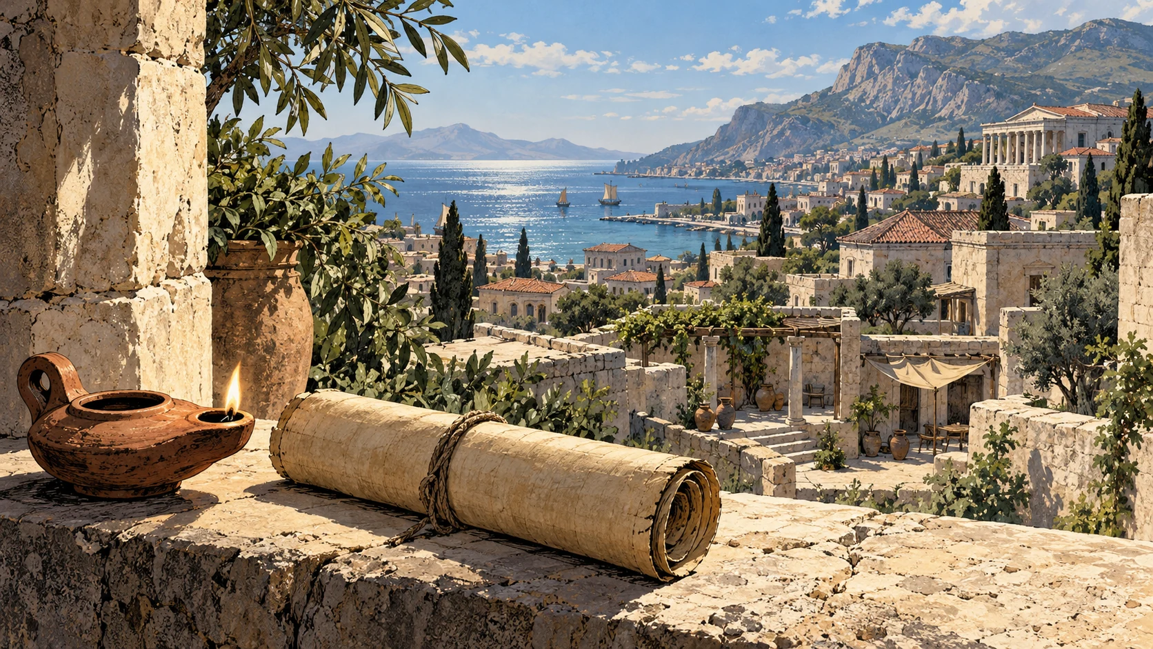 A rolled blank papyrus and clay lamp on a limestone sill overlook an ancient coastal settlement.