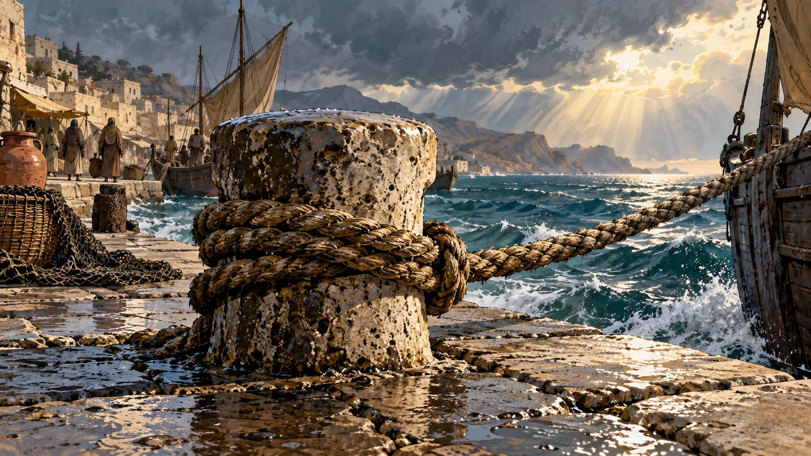 Wide symbolic maritime object scene: a weathered mooring rope firmly secured around a stone harbor bollard after rain, rough water beyond and sunlight opening through distant clouds; no endangered person or rescue action.