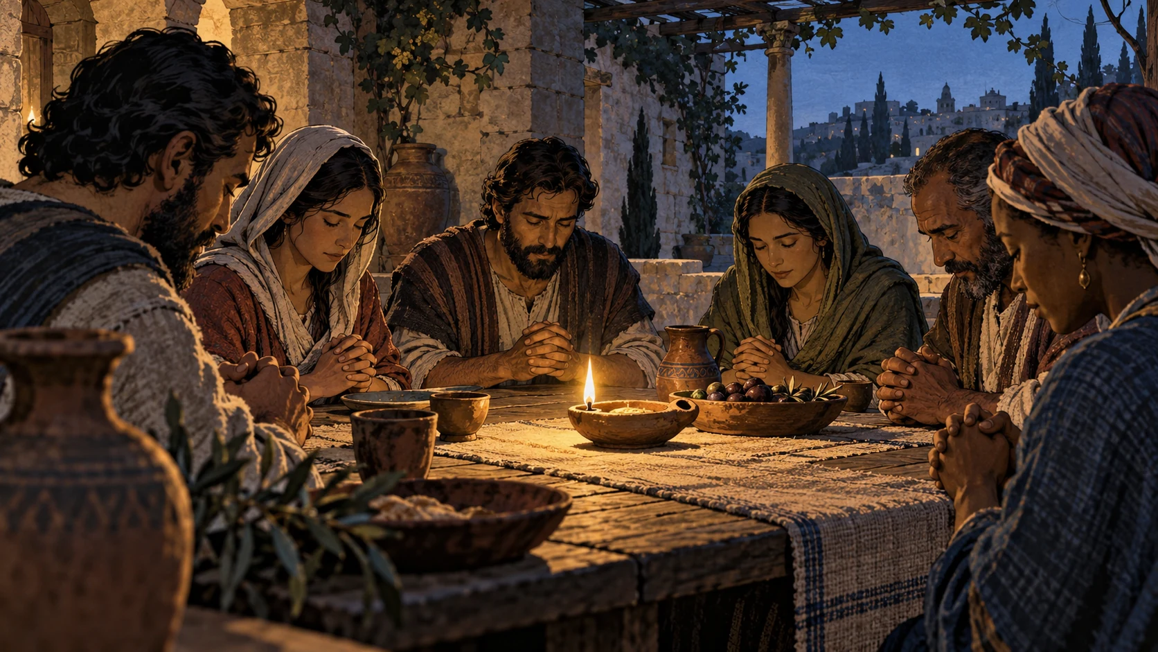 Low medium view across an ancient courtyard table of anonymous adult men and women quietly praying, relaxed clasped hands and attentive faces, clay lamp central, no clerical costumes, no gestures of magic.