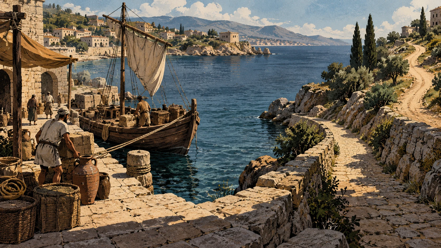 High wide view of an unmarked ancient harbor with two diverging coastal paths, modest cargo boat moored, no travelers identifiable, no map labels or arrows.