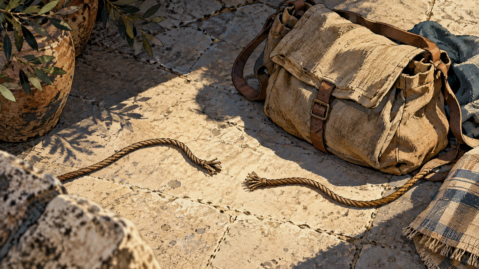 Two loose frayed rope ends lie on limestone beside a modest cloth travel satchel.