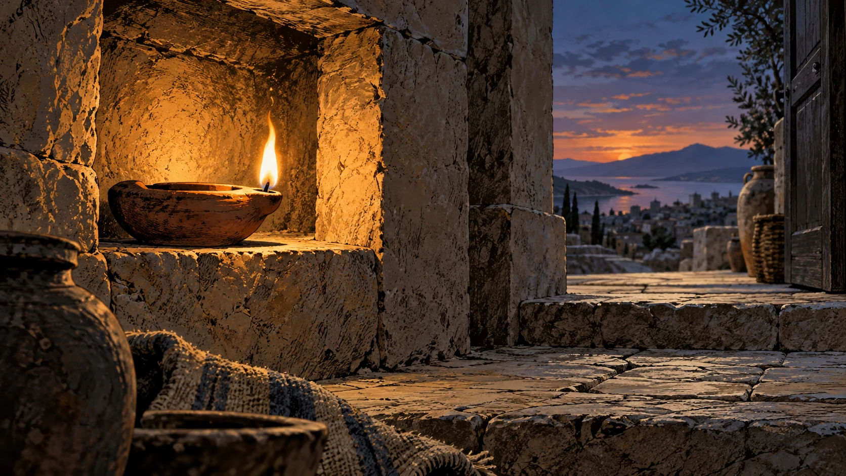 Low landscape view of one steady clay lamp protected in a deep stone niche, bright flame against dusk, solid intact threshold leading outward; no crosses, readable symbols, people or divine portrait.