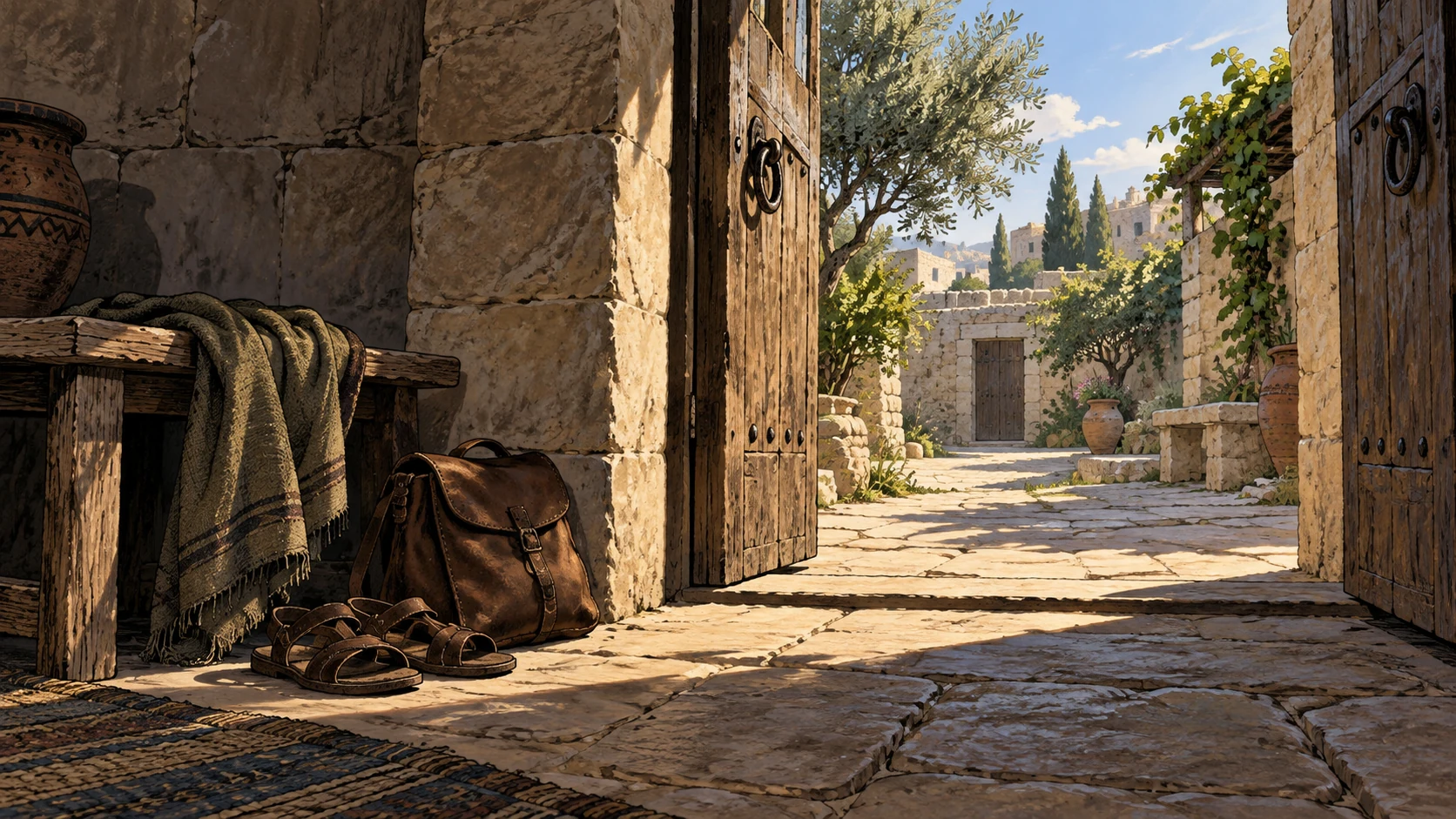 Wide view from an empty ancient doorway toward a quiet courtyard, travel sandals and closed satchel left inside; gentle morning light across an unoccupied threshold, no apostle or meeting.