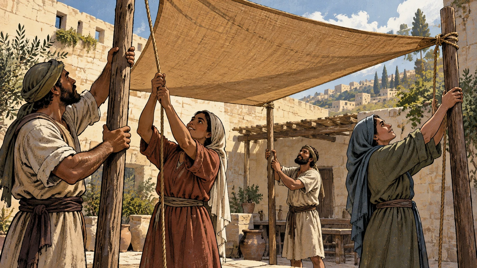 Four anonymous adults work together to raise a plain canvas shade in a modest courtyard.