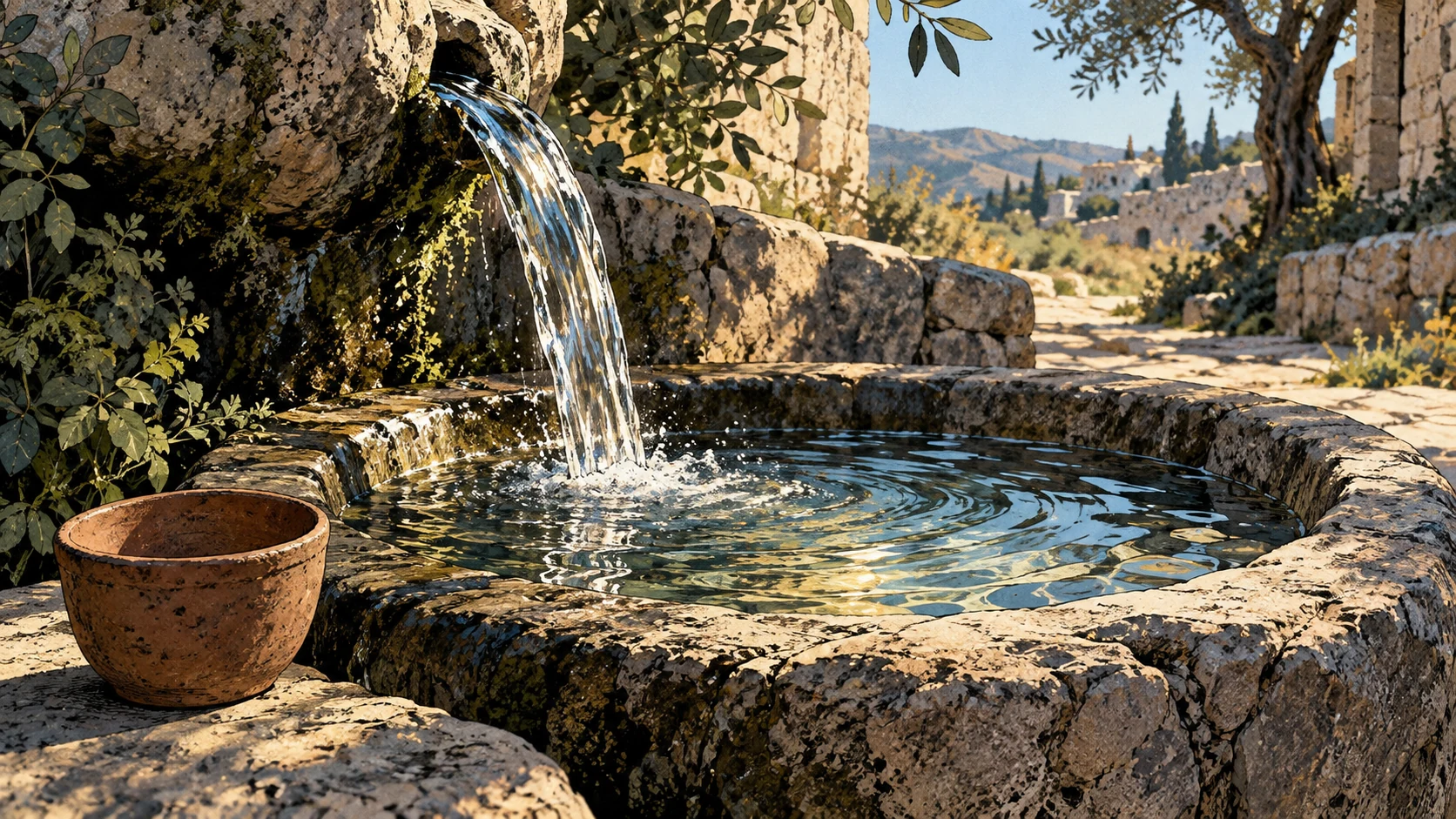 Close low view of a clear freshwater spring flowing into a weathered stone basin, with one small empty clay cup nearby; cool shadow and warm reflected sunlight. No person or divine figure.