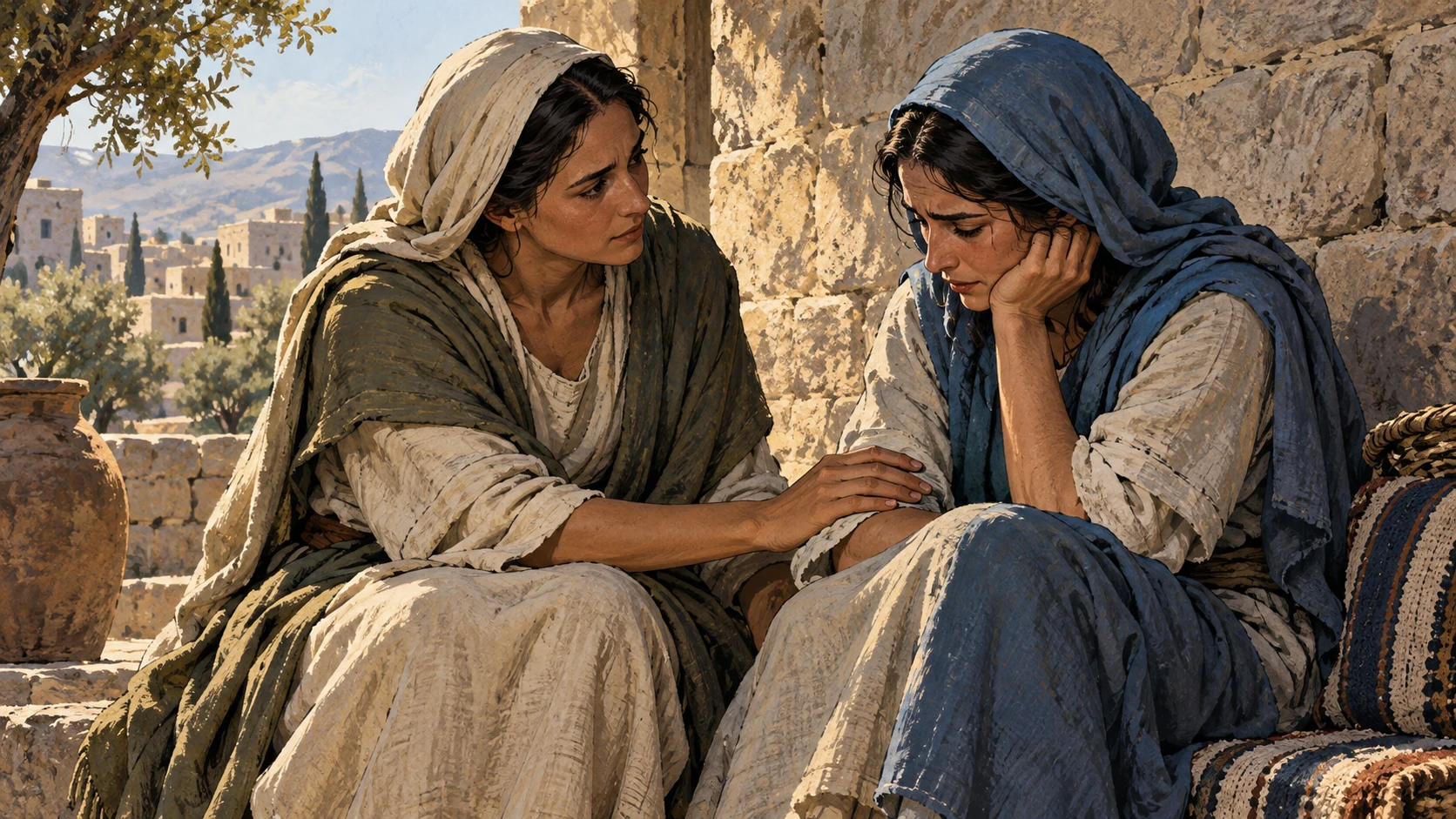 Medium eye-level view of two anonymous adult women in simple ancient linen, seated beside a stone wall; one rests a natural hand on the other’s forearm, quiet attentive consolation.