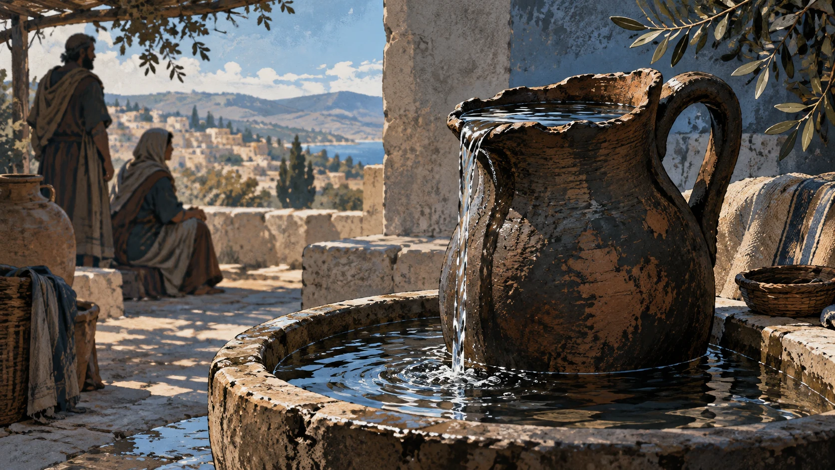 A full clay pitcher overflows into a stone basin; two anonymous adults remain soft in the background courtyard.