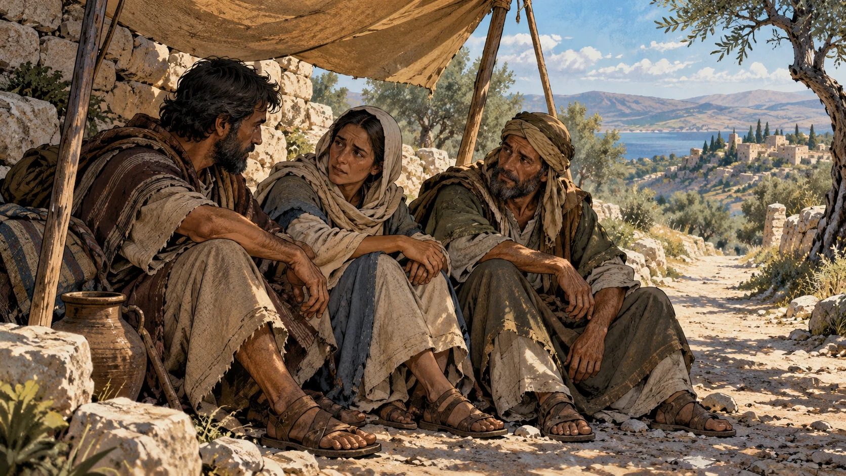 Wide interpretive view of three anonymous adult travelers sitting together under a modest canvas shelter on a stony first-century path; weary faces, shared shade and mutual attentiveness, no wounds or persecutors.