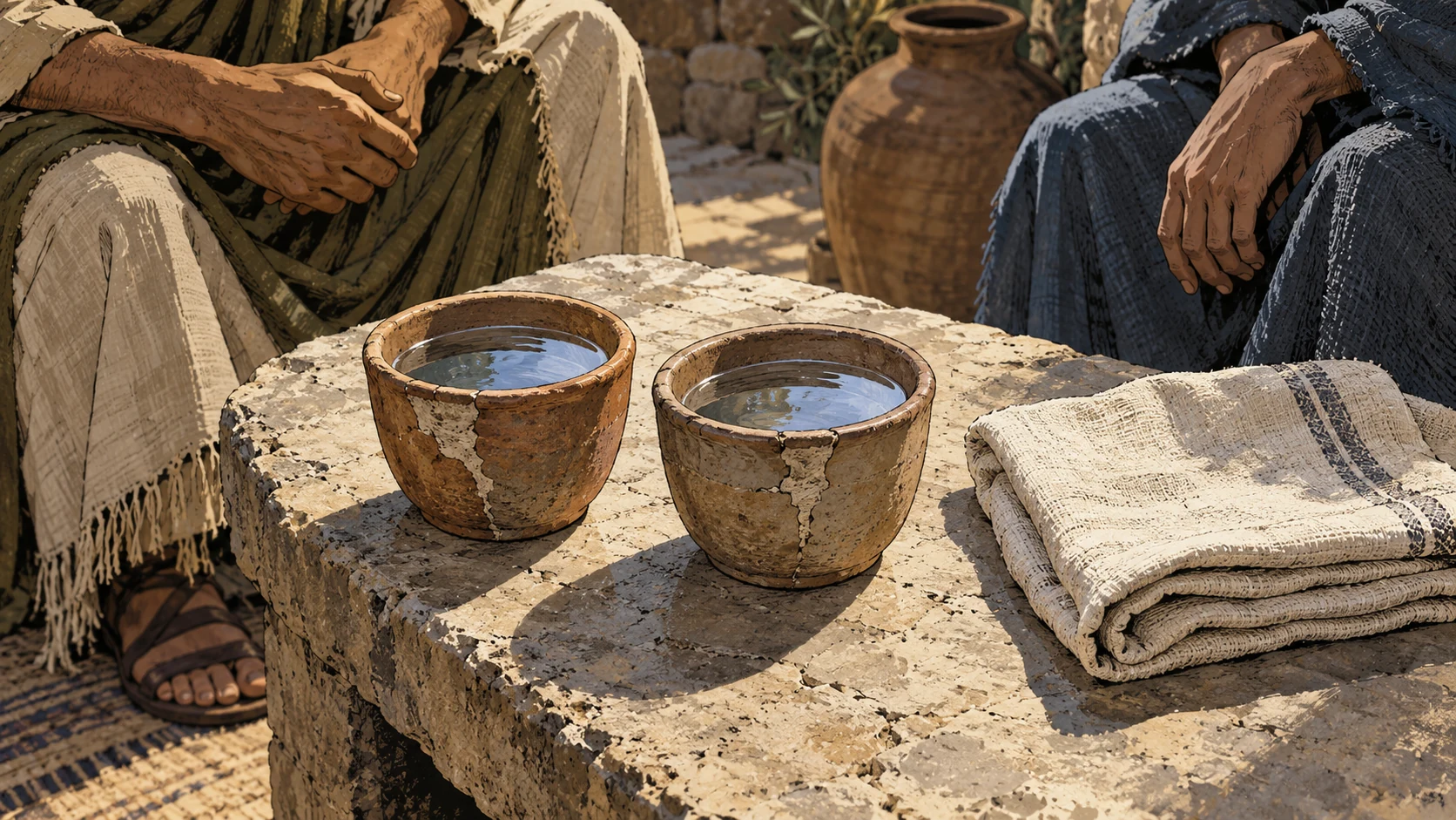 Overhead object view of two weathered clay cups filled equally with water beside a single folded linen cloth on a low stone table; clear soft daylight, small cracks repaired with plain material, no decorative writing.