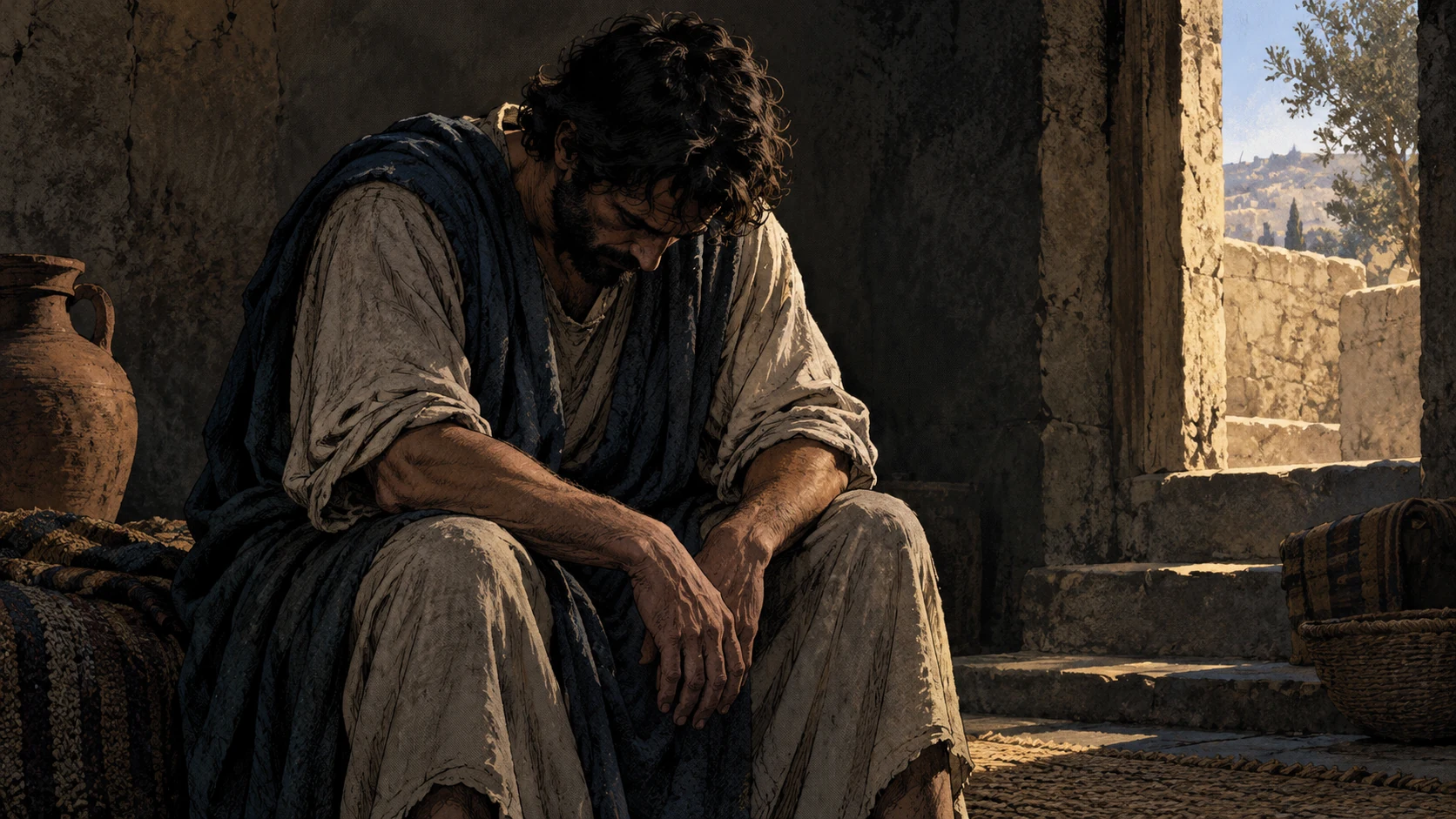 Intimate eye-level portrait of one anonymous exhausted adult man seated in deep shadow with elbows on knees, head bowed and heavy shoulders, empty space above; restrained dignity, no injury, captor, or identifiable apostle.