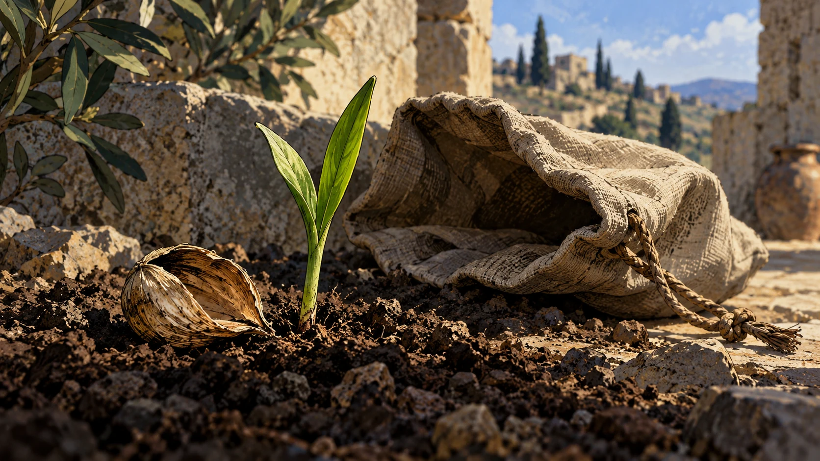 Macro still life of a dry seed husk beside a fresh green shoot emerging from dark soil, with a collapsed empty linen pouch behind, narrow daylight; no figures or supernatural effects.