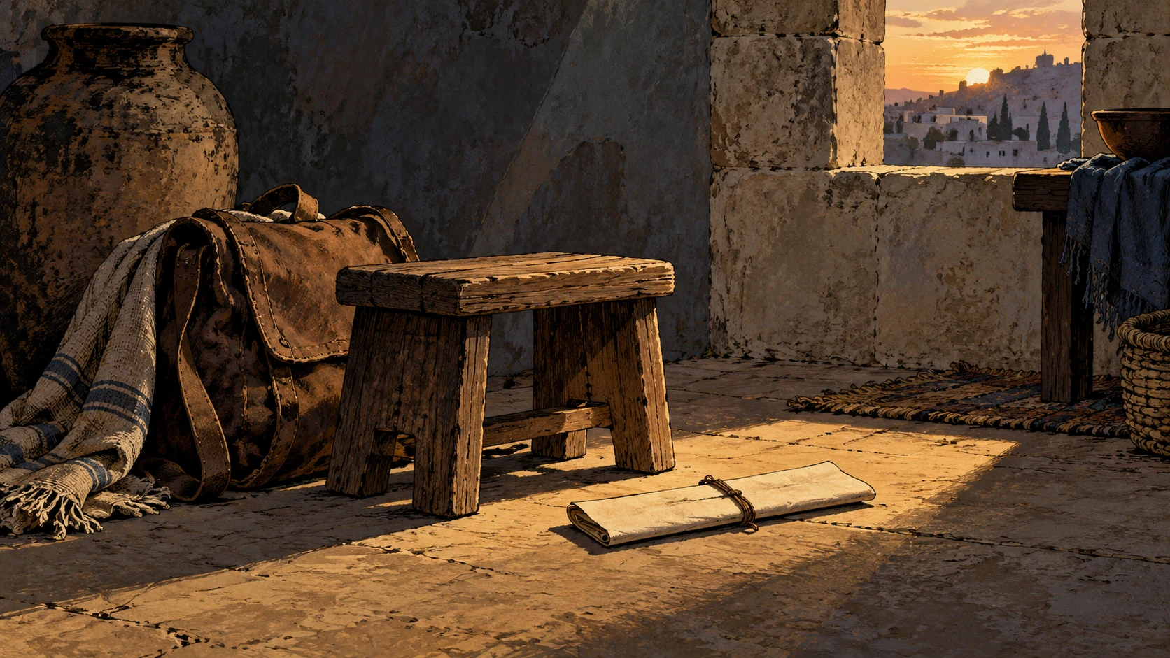 A closed blank papyrus letter lies beside an empty low stool and a travel satchel, quiet room with broad evening shadow.