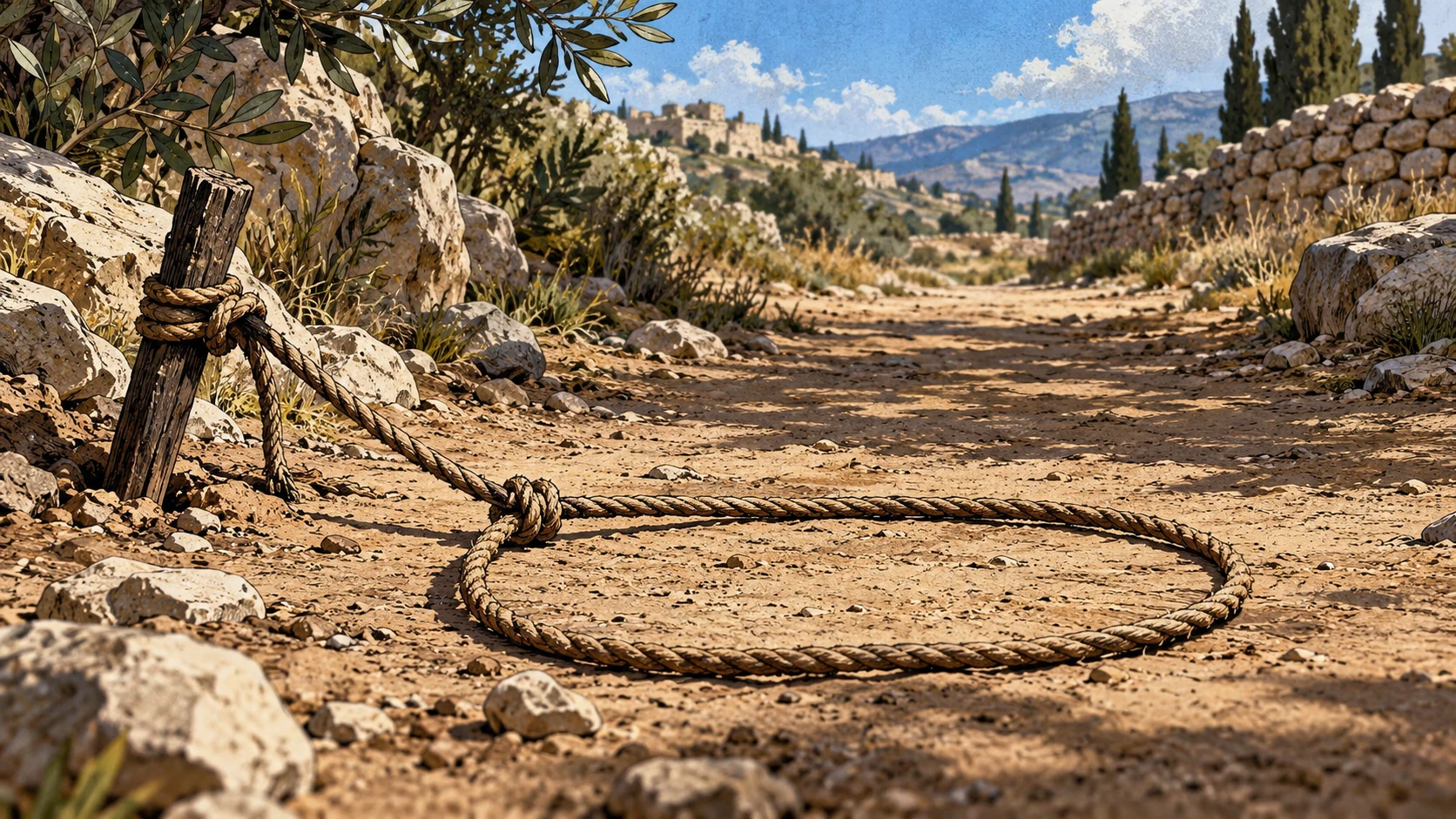 Low ground-level symbolic still life of a simple rope snare clearly exposed on a dusty path, no trapped creature, no demon or supernatural figure, hard revealing daylight.