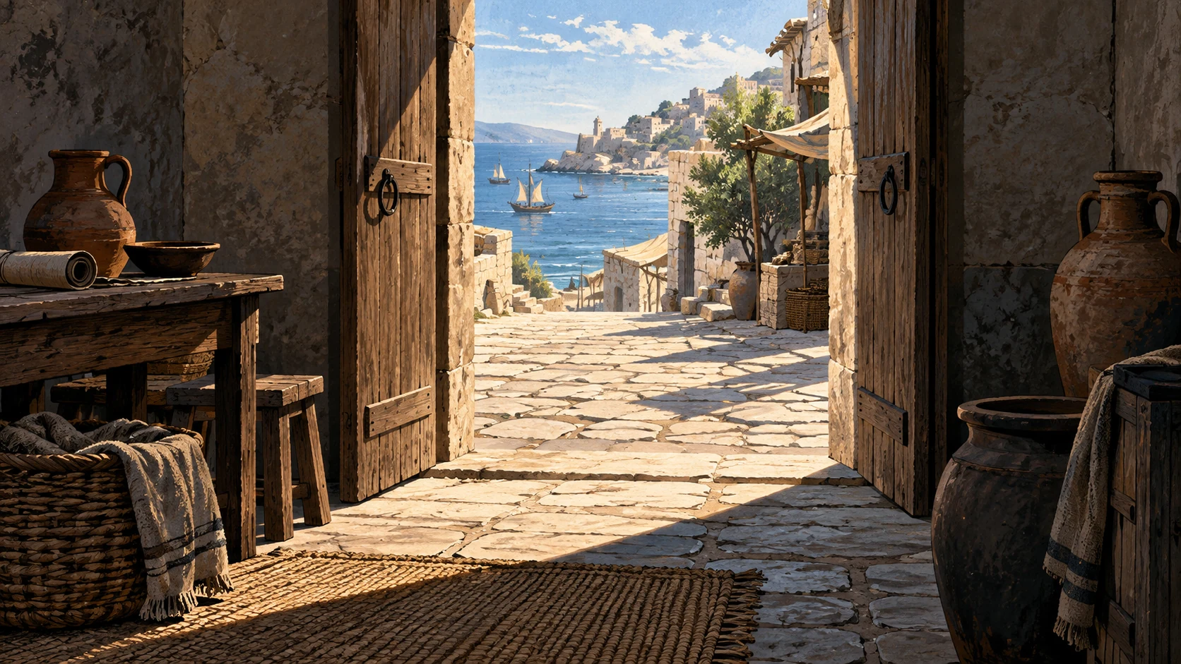 Wide view through an open plain wooden doorway toward an ancient coastal street and sea, empty threshold, daylight reaches into a shadowed room.