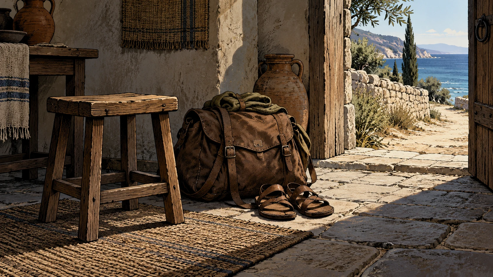 Medium object scene of an unused second stool beside a packed travel satchel and sandals, doorway showing a departing coastal path; no people.