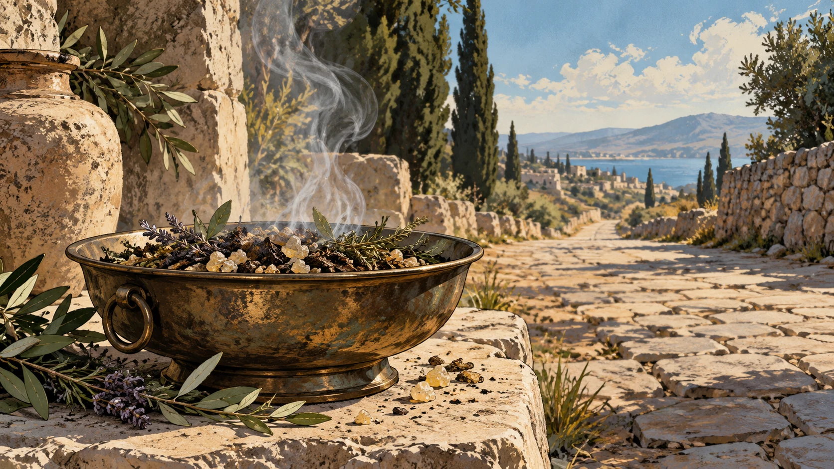 Low wide symbolic image of aromatic herbs in a shallow bronze bowl beside a sunlit ancient road stretching into distance, gentle visible steam or smoke, no procession or triumphant person.