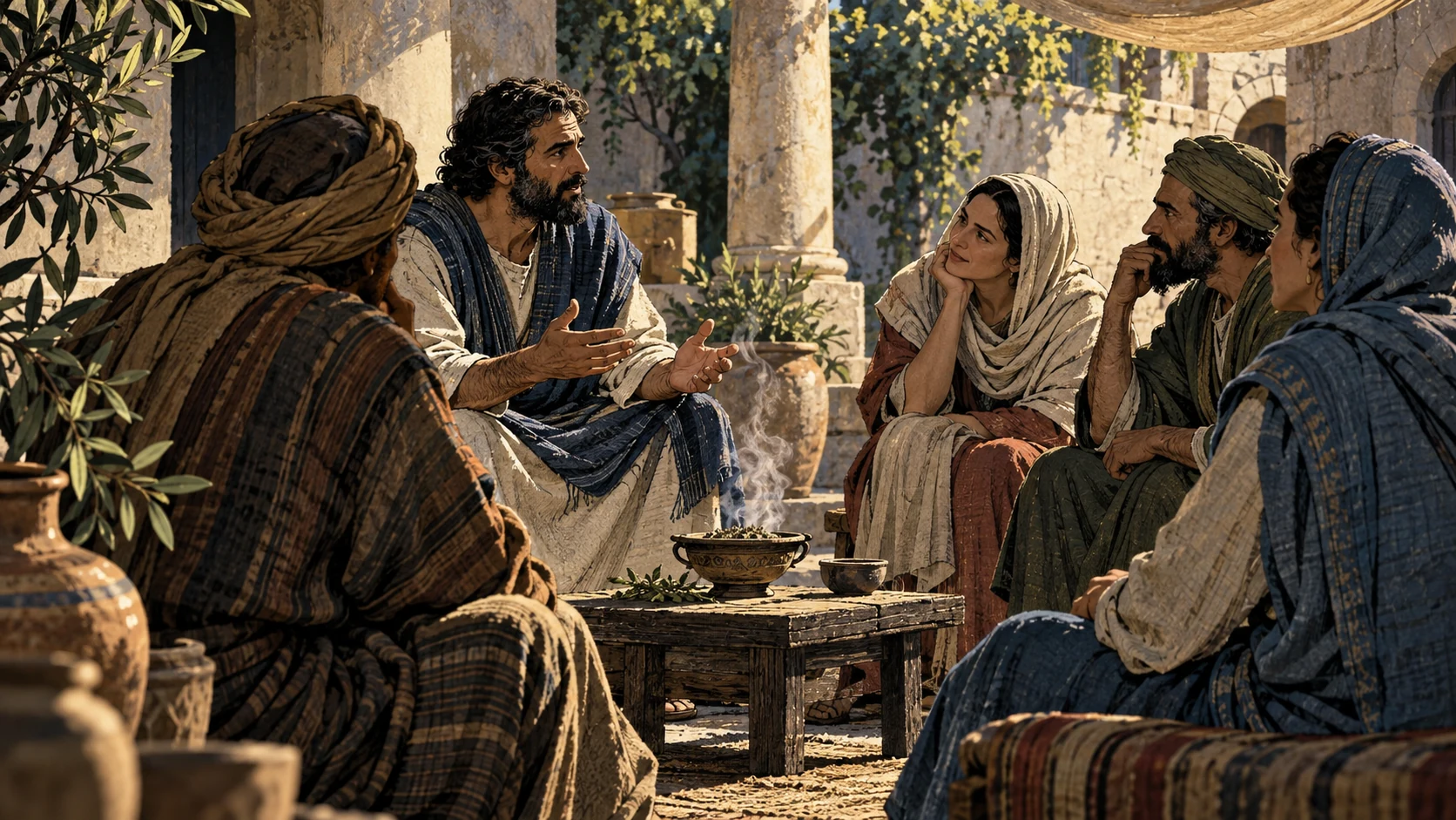 Medium-wide view of anonymous adult listeners in a modest ancient courtyard, a small fragrant herb bowl between them, subtle vapor in ordinary light; no individuals identified as saved or perishing.