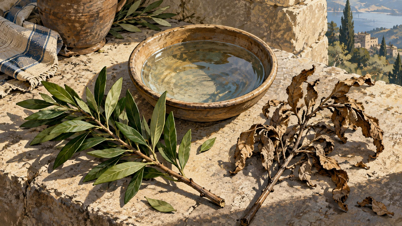 Symbolic overhead view of a fresh green branch and a dry withered branch beside one shallow bowl, contrasting living and dry textures, no deceased person or afterlife scene.
