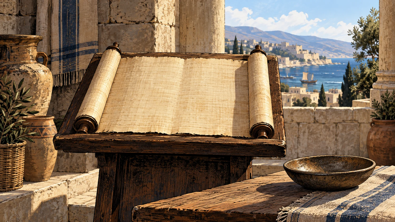 Medium still life of an open blank papyrus on a humble wooden lectern, an empty coin bowl pushed aside, calm strong daylight; no speaker or writing.