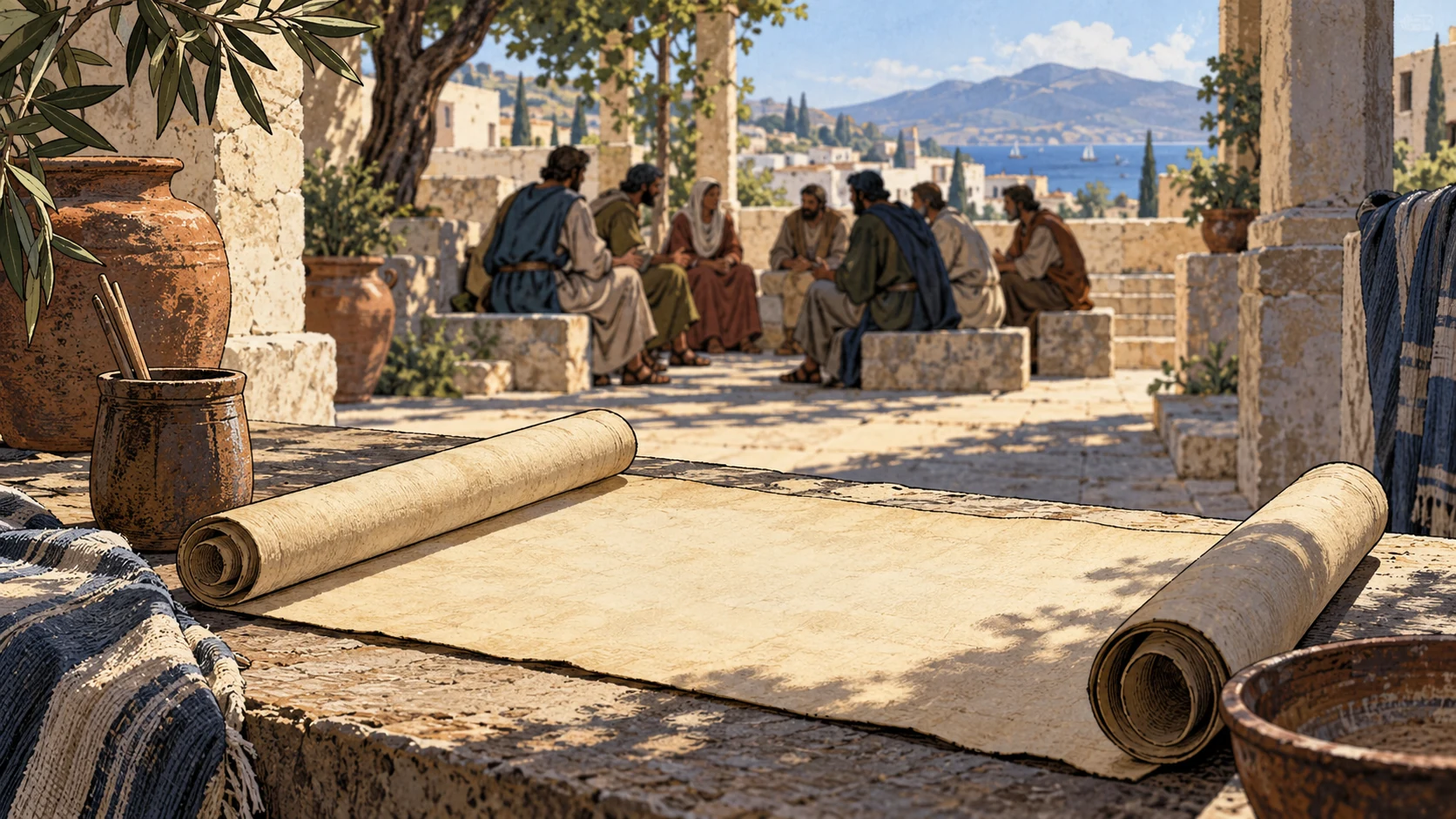 Wide courtyard object composition, blank unrolled papyrus foreground and distant anonymous adults seated together in warm daylight, faces small and unnamed.