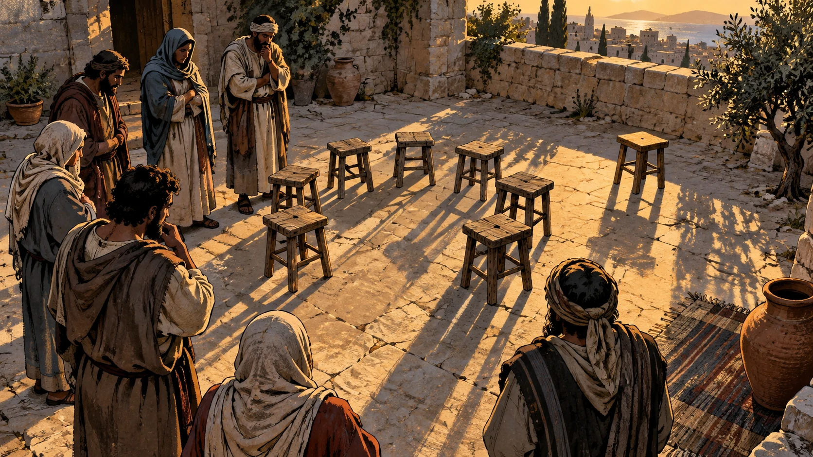 High view of a circle of empty rough wooden stools in an ancient courtyard, one separated slightly, long late-day shadows joining across the center.