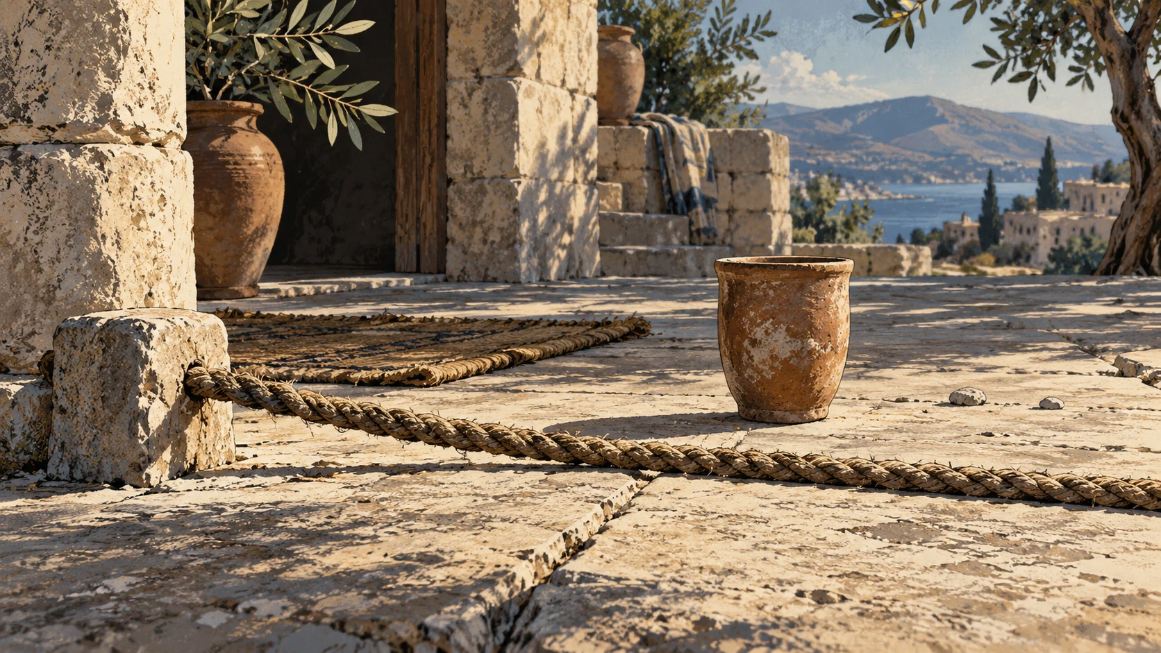 Symbolic still life of a small woven cord boundary laid across limestone, with a single weathered clay cup just beyond it; calm still composition, no prisoner or harm.