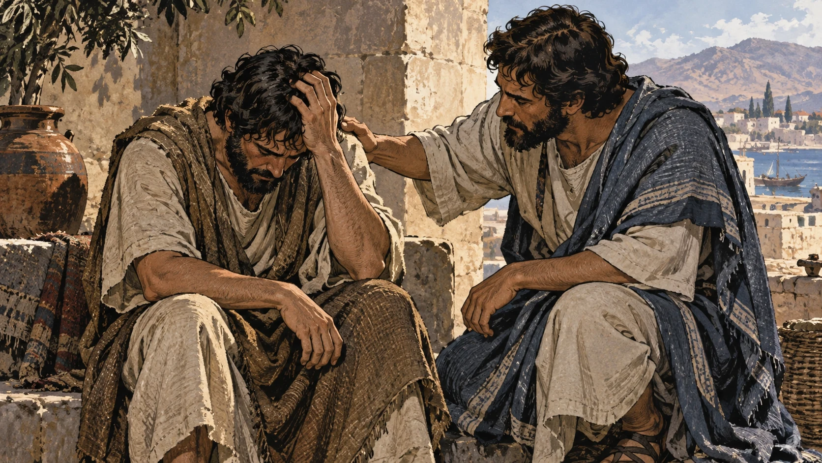 Medium portrait of two anonymous adult men, one distressed and seated while another bends beside him with an attentive hand on his shoulder, natural proportions.