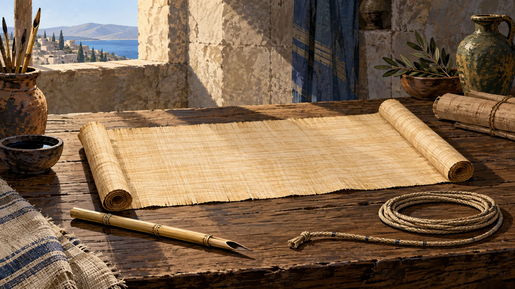 Object insert of a plain reed pen beside a carefully opened blank papyrus and a straight measuring cord, clean orderly table and clear side light.