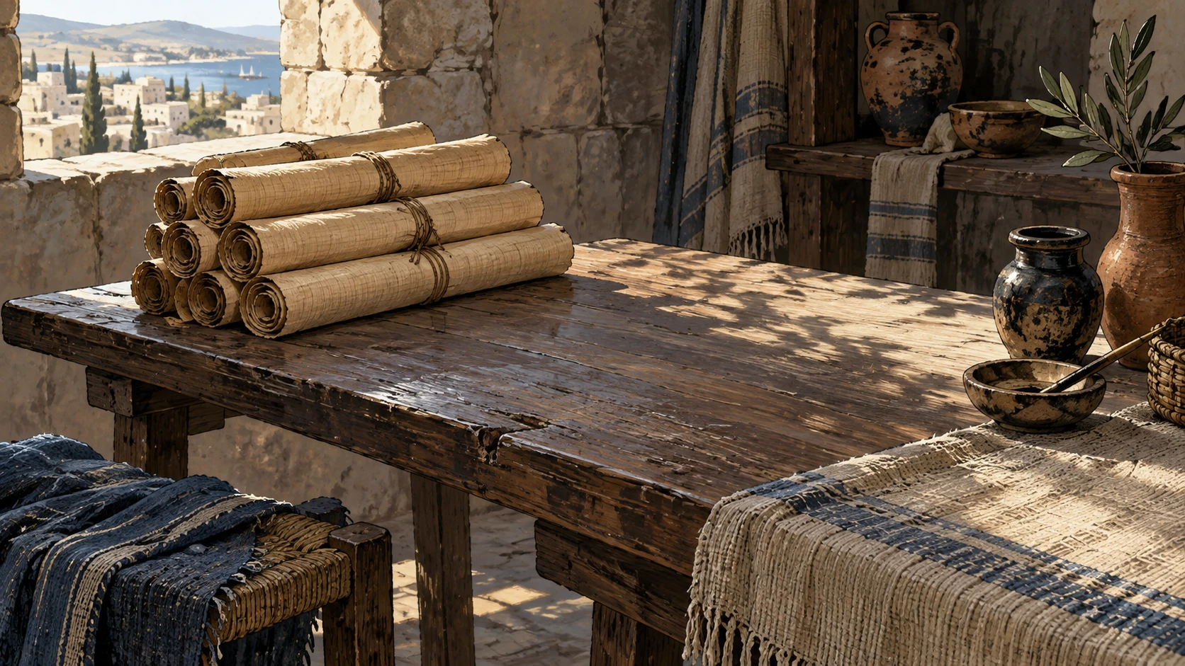 A tidy stack of plain sealed unmarked papyrus rolls sits beside an empty open space on an ancient table, high angled view, no people.