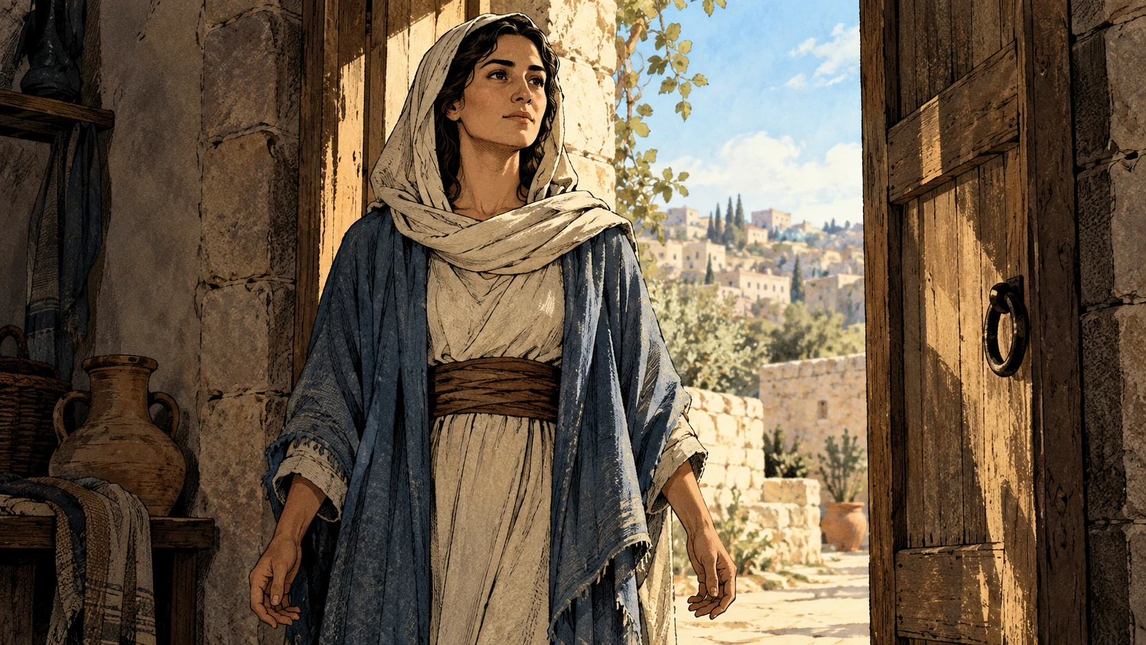 Medium portrait of an anonymous adult woman standing calmly upright in an open sunlit doorway, steady dignified face, unarmed open hands, no speech or audience.