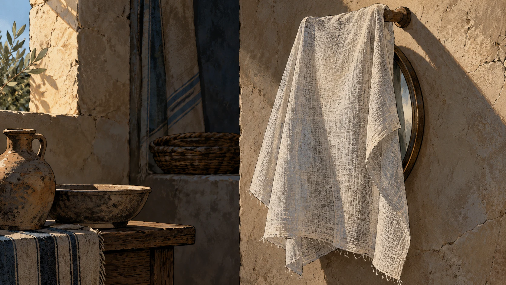 Object still life of an opaque linen veil suspended loosely from a plain wooden peg, the cloth hiding a small mirror behind it, strong side view, no person.