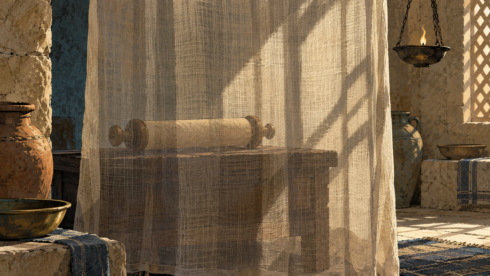 Wide interior view of an unmarked closed scroll behind a translucent linen curtain, opaque shadows over the cloth, simple ancient setting, no reader or lettering.