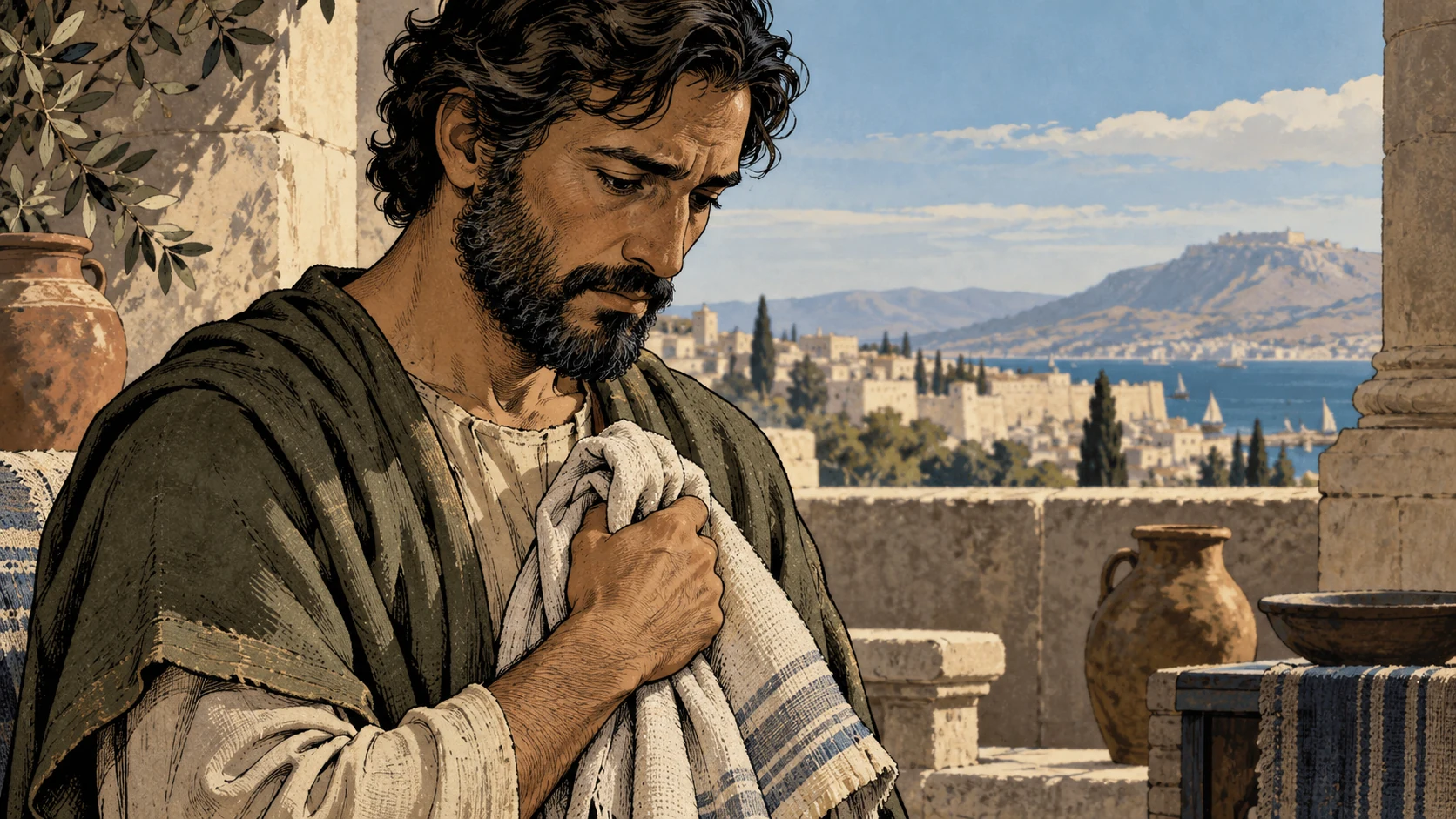 Intimate anonymous adult portrait with a folded cloth held gently against the chest, no cloth covering eyes, solemn reflective face, no supernatural effect.