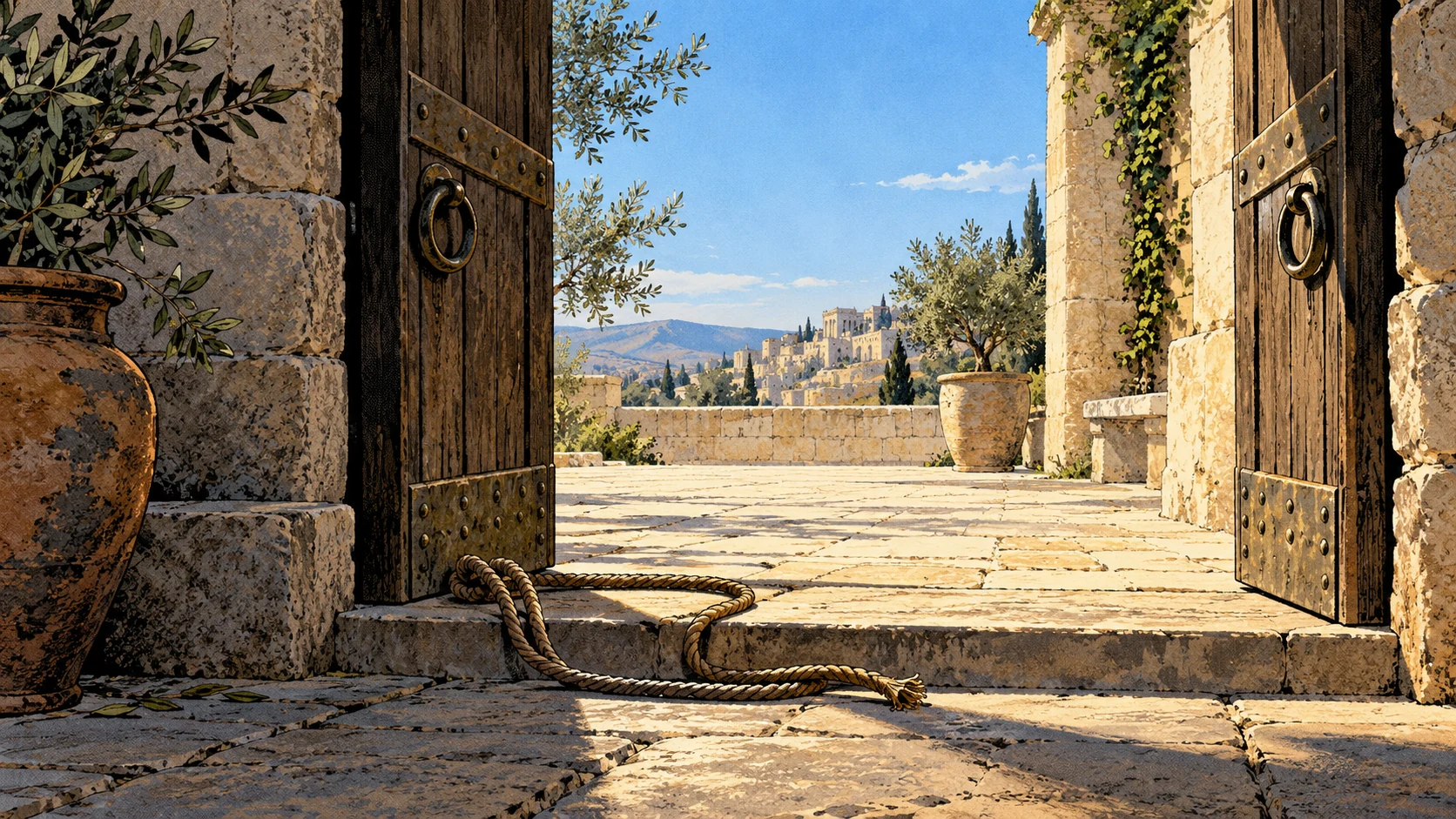 Wide scene of an open ancient courtyard gateway, a loose cord resting untied on the threshold and bright clear space beyond, no captive or escape.