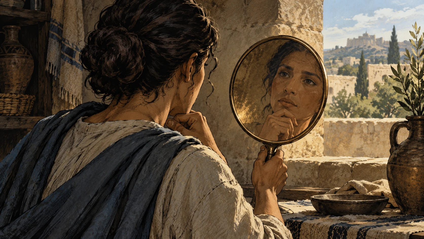 Medium quiet portrait of an anonymous adult looking thoughtfully into a plain polished bronze mirror, natural face reflection and soft light, no double face, halo or divine image.