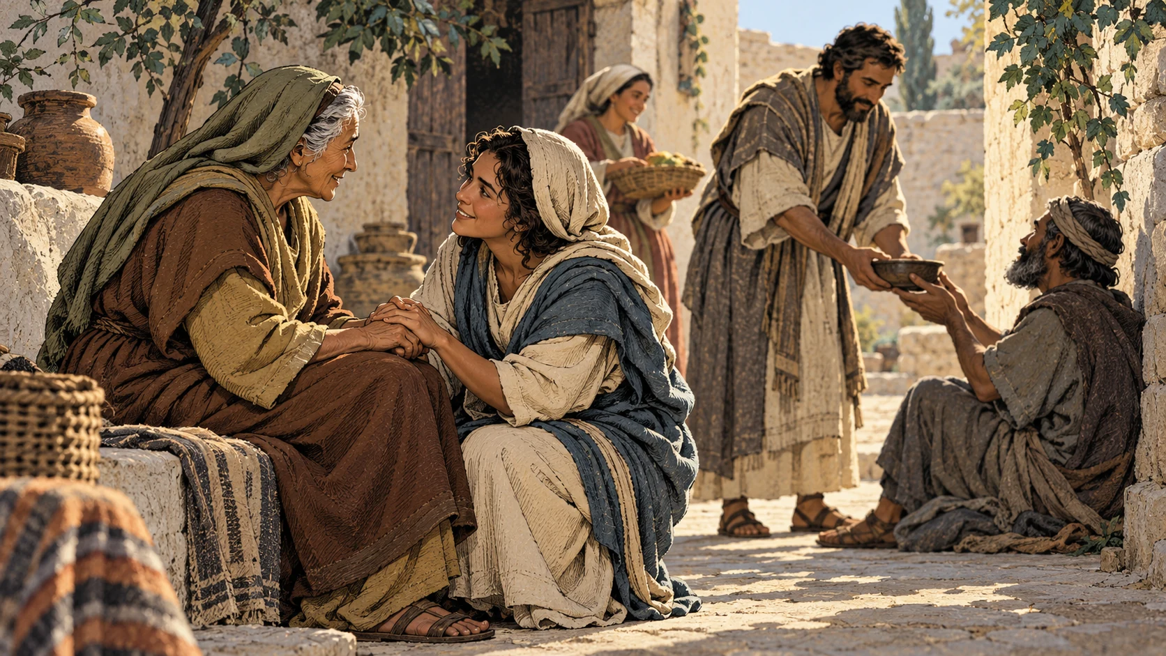 Medium-wide anonymous adults of different ages caring attentively for one another in a modest courtyard, no letter prop, dignified natural gestures.