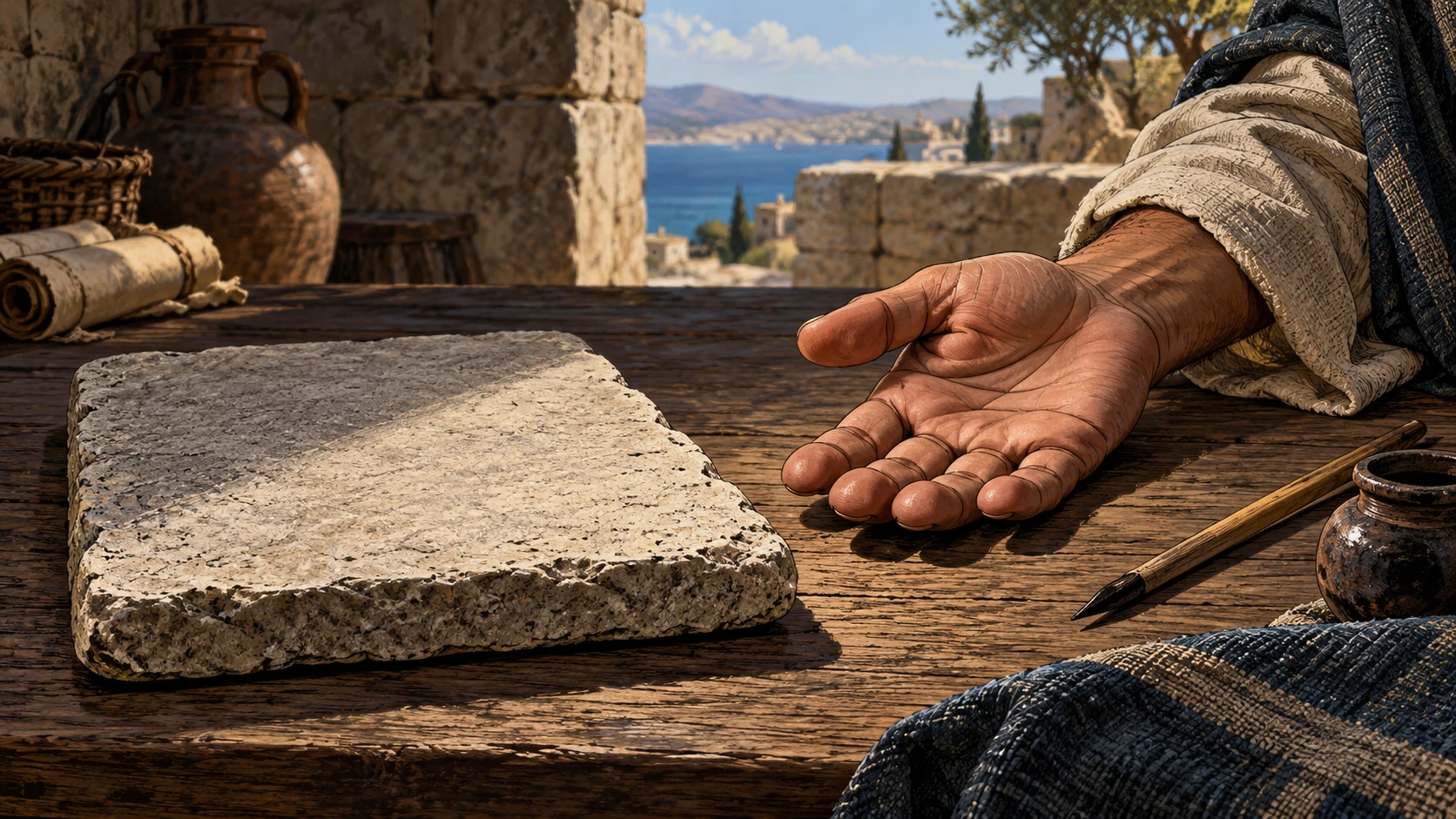 Macro contrast of an untouched plain stone tablet and a living adult’s open warm hand resting beside it, reed pen set aside, no anatomy diagram or writing.