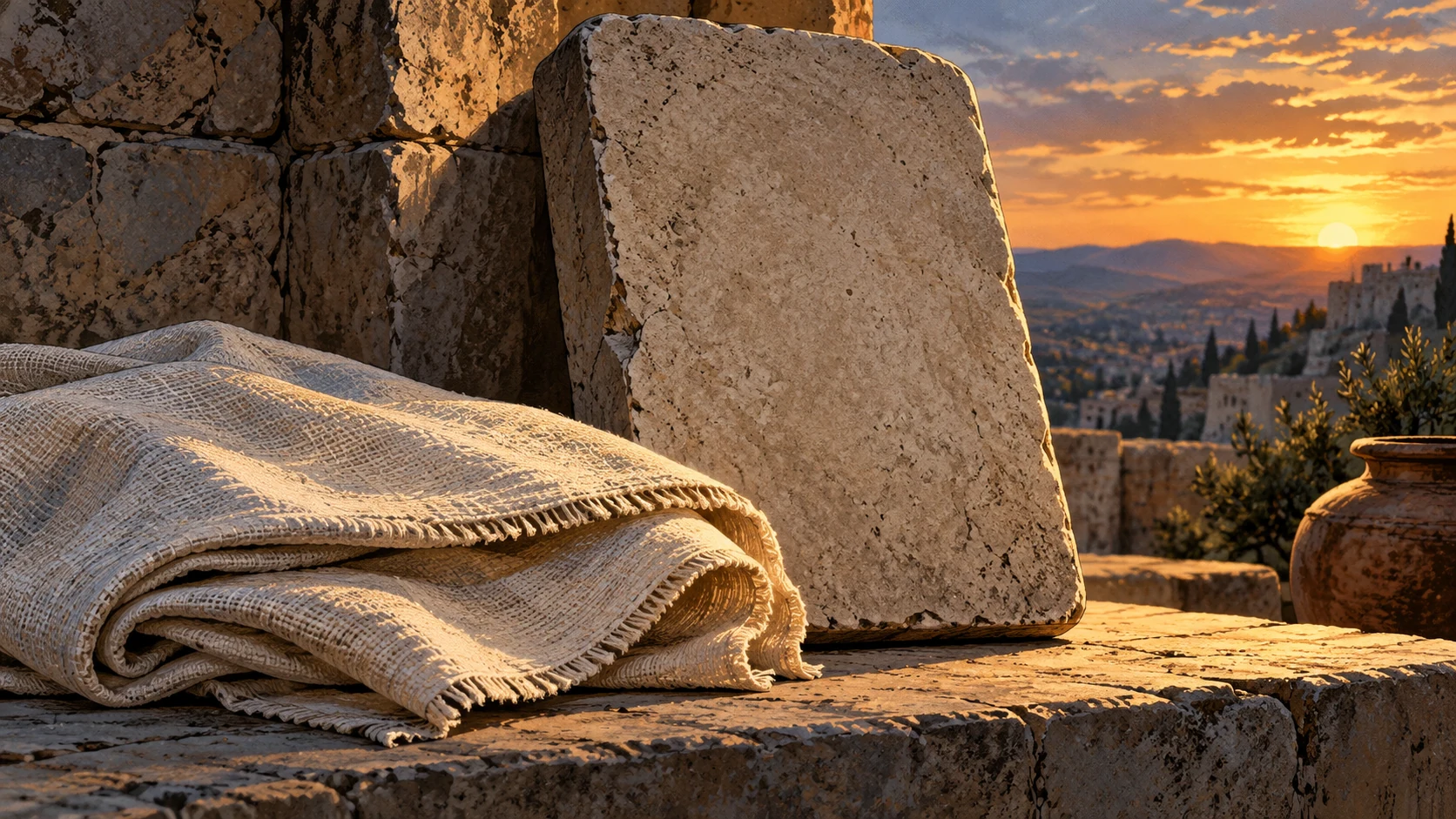 A folded simple linen veil beside an unmarked stone tablet catches the last narrow light of evening; close oblique object view, no Moses portrait.