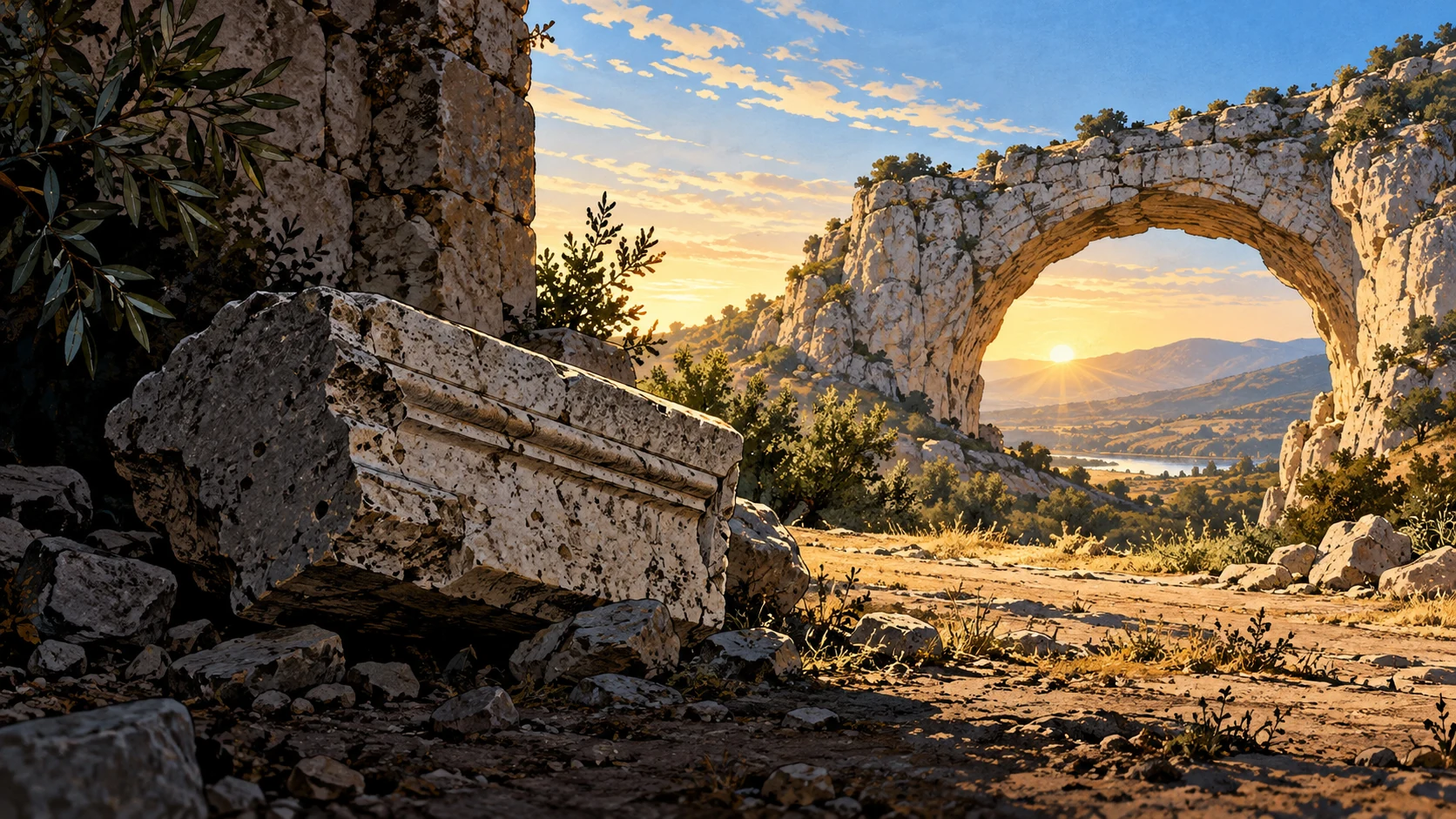 Wide quiet landscape of full dawn illuminating a durable limestone arch beyond a shaded discarded stone fragment, clear bright horizon, no divine presence or building identified as heaven.