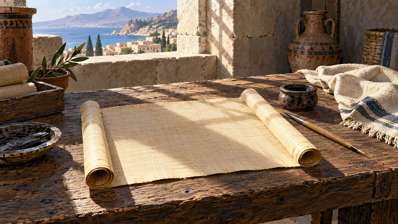 Wide modest ancient worktable in strong daylight with an open blank papyrus, reed pen and unused concealed cloth pushed aside, no person or text.