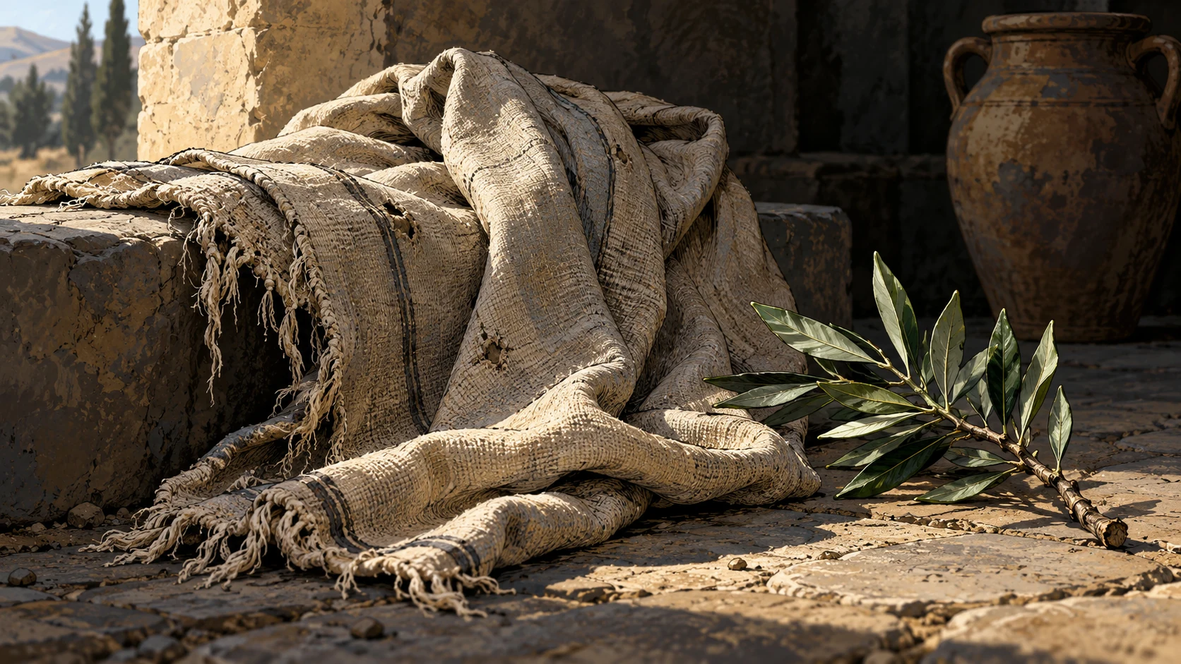 Close object study of a worn plain linen mantle with frayed edges beside a small healthy branch, dim background and soft natural light, no body, crucifixion or divine figure.