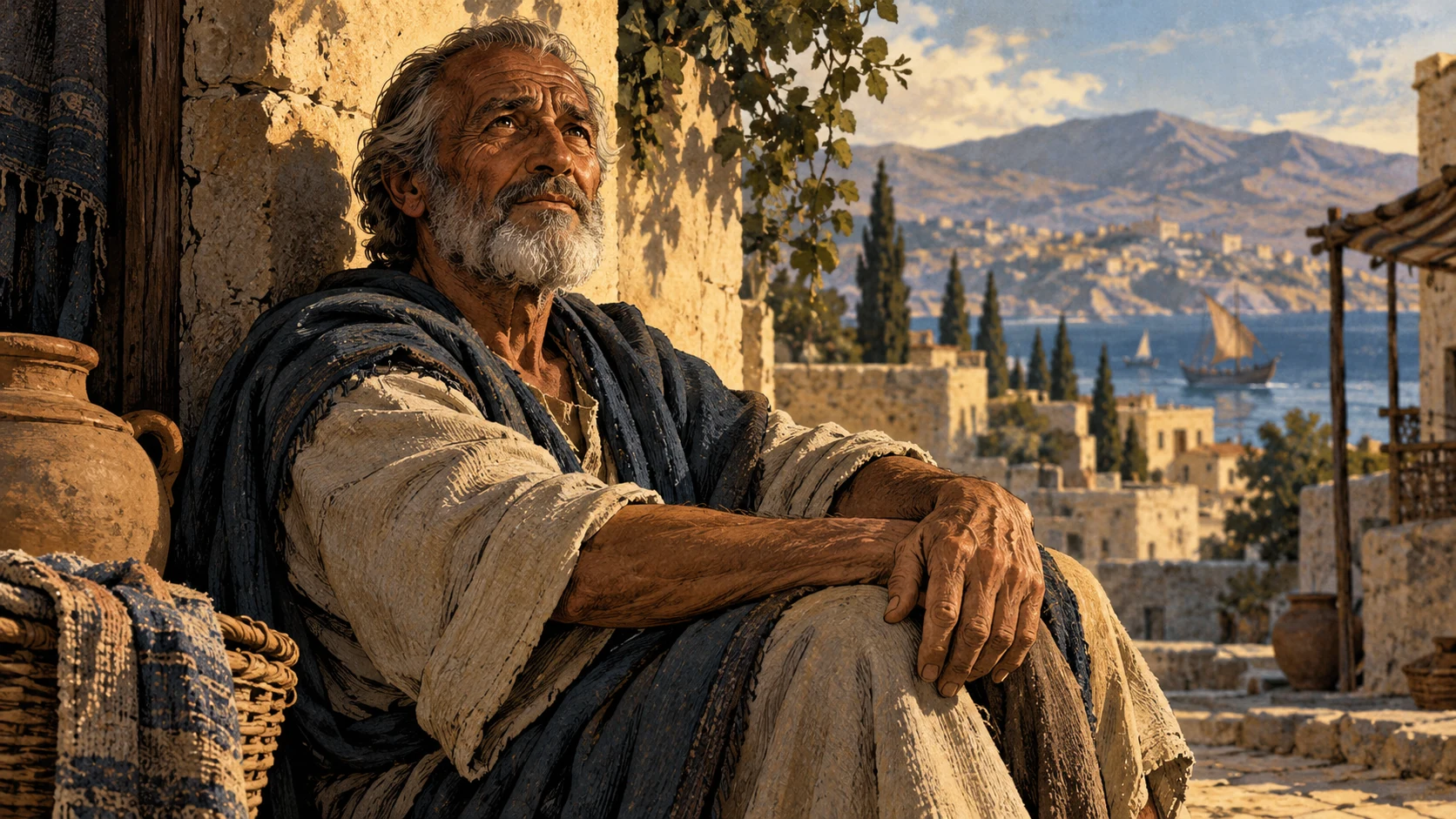 Intimate anonymous elderly adult portrait with weathered face and attentive living eyes, hands resting naturally, dignified warm sidelight, no wounds or miraculous glow.