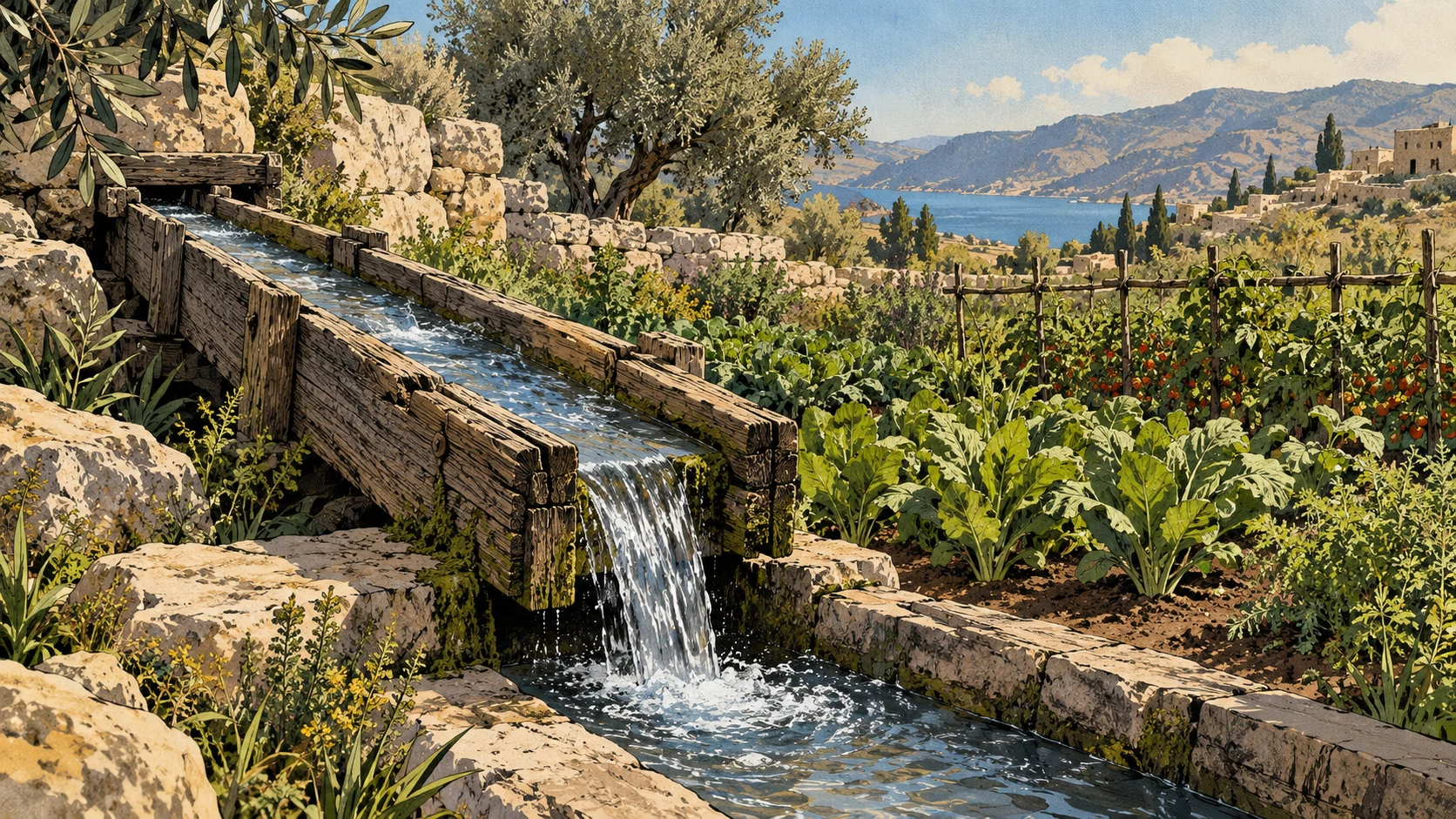Wide interpretive image of an old wooden irrigation channel carrying clear water to a fresh green garden, channel weathered but intact, no people.