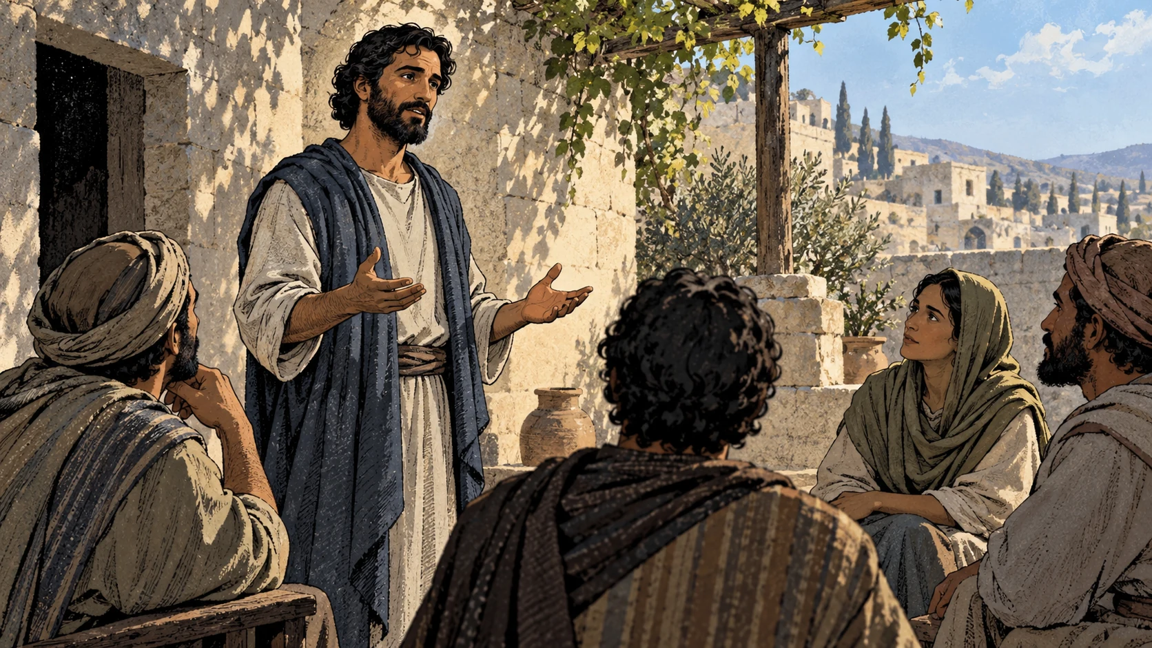 Medium anonymous adult standing ready to speak before a few listening adults, calm face and open hands, ordinary courtyard light, no words or resurrection event.