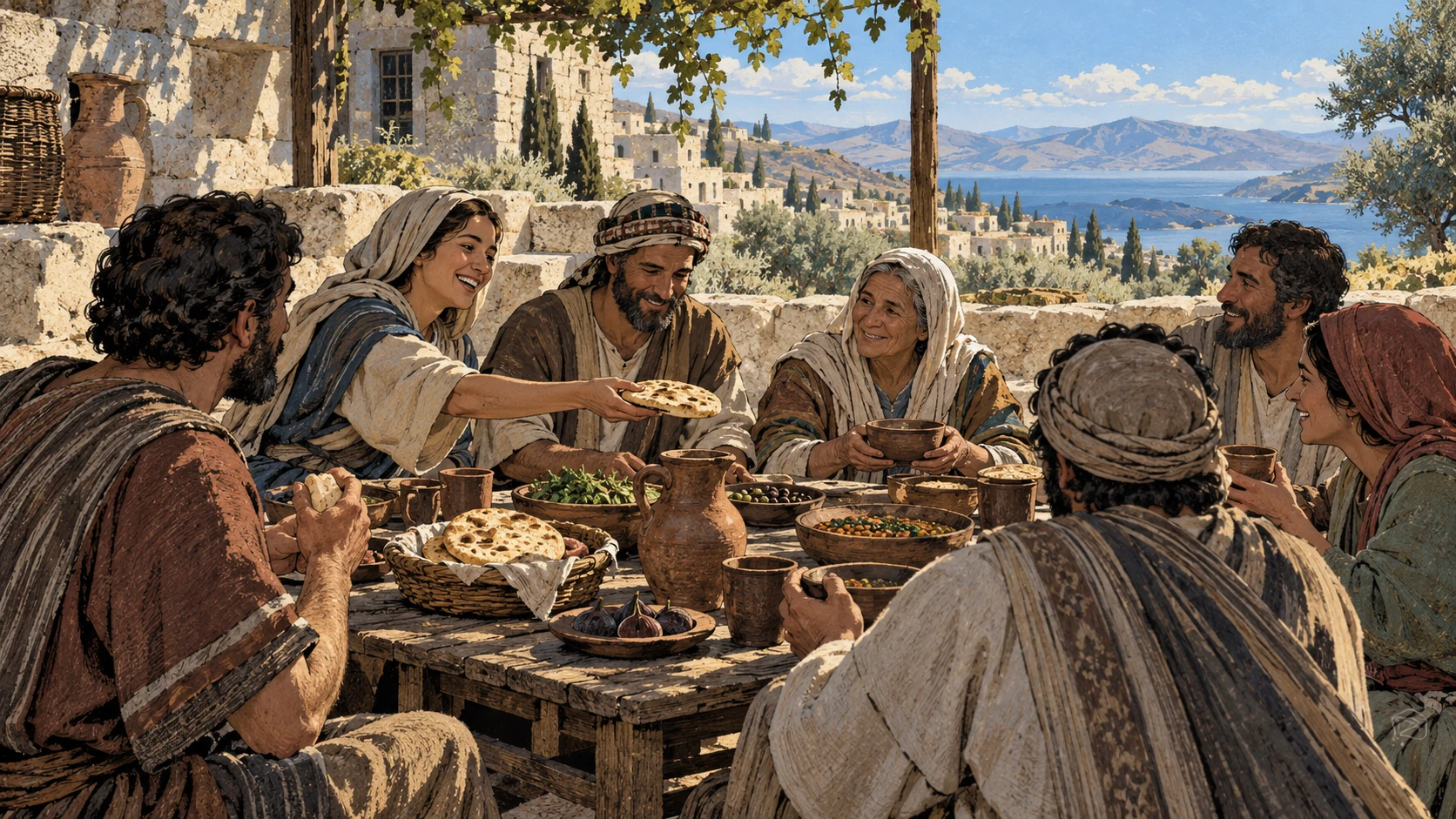 High wide view of anonymous adult neighbors sharing a modest communal meal with grateful expressions, baskets and plain earthenware, generous ordinary daylight.