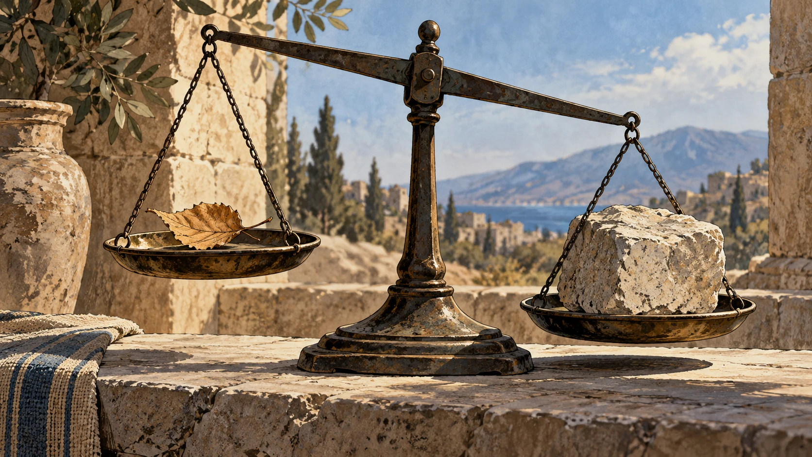 Symbolic still life of a light dry leaf beside a substantial unmarked limestone weight on a plain ancient balance, no inscriptions, restrained light, no human destiny pictured.