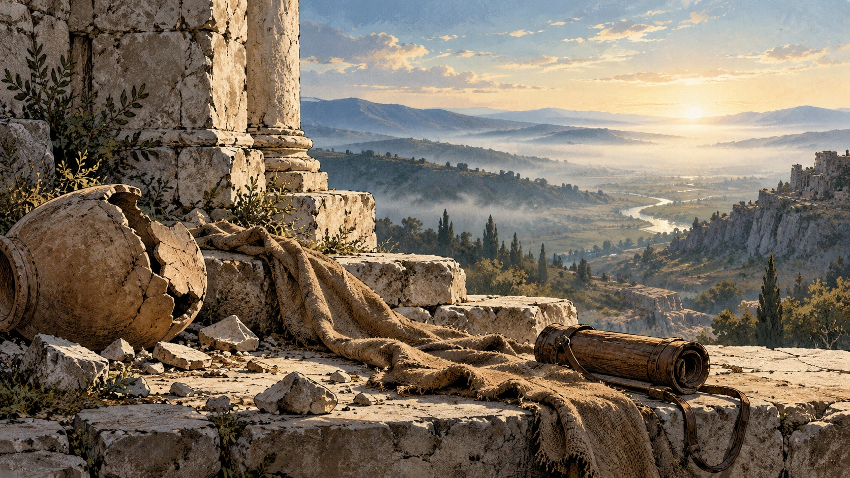 A crumbling stone sill and worn objects overlook a long landscape receding into bright mist.