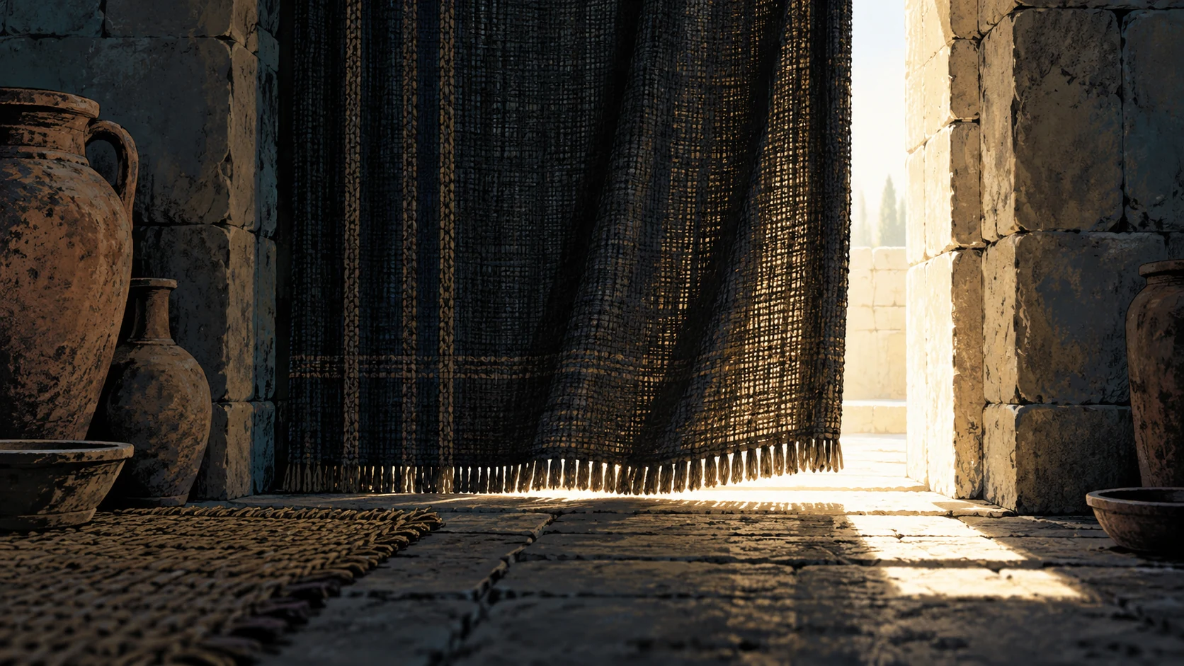 Low symbolic view of a dark woven curtain blocking an otherwise bright empty doorway, no people, no Satan figure or divine portrait.