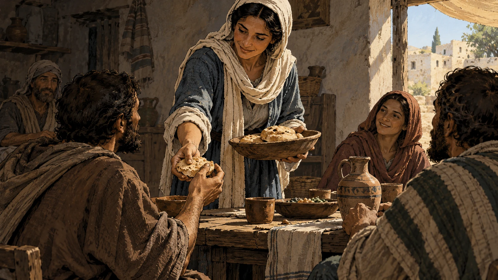 An anonymous woman serves bread to adults at a humble table in ordinary daylight.