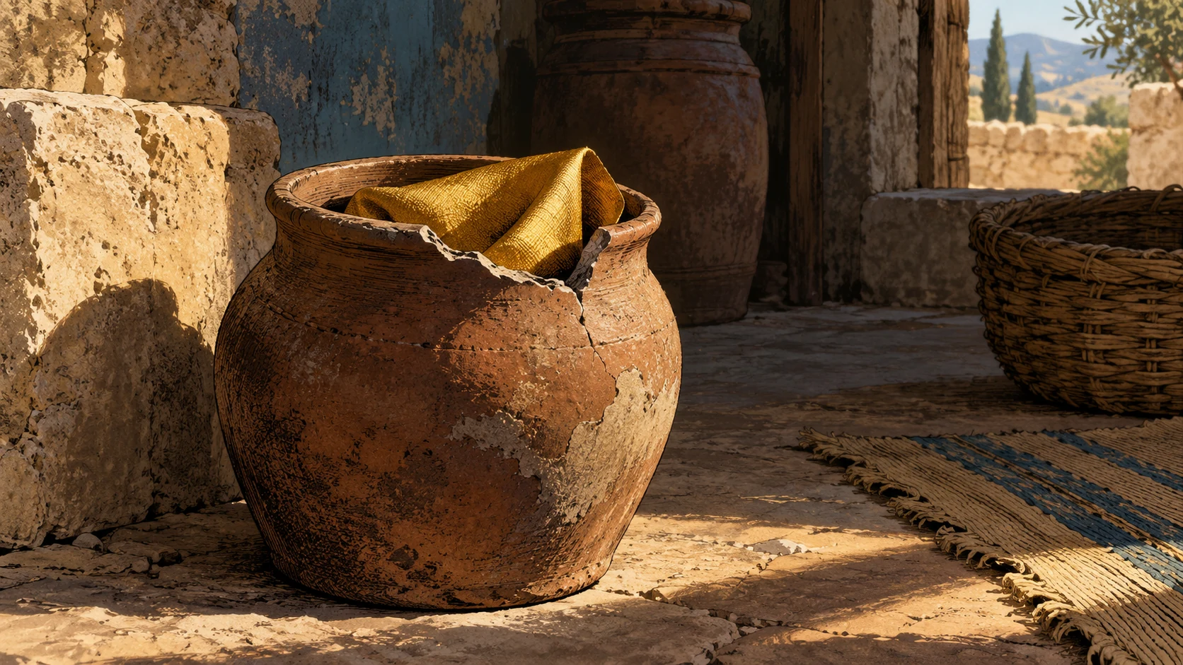 Close still life of a chipped modest clay jar holding a small piece of rich golden cloth, plain natural contents, strong contrast with rough earthenware, no coins or magic light.